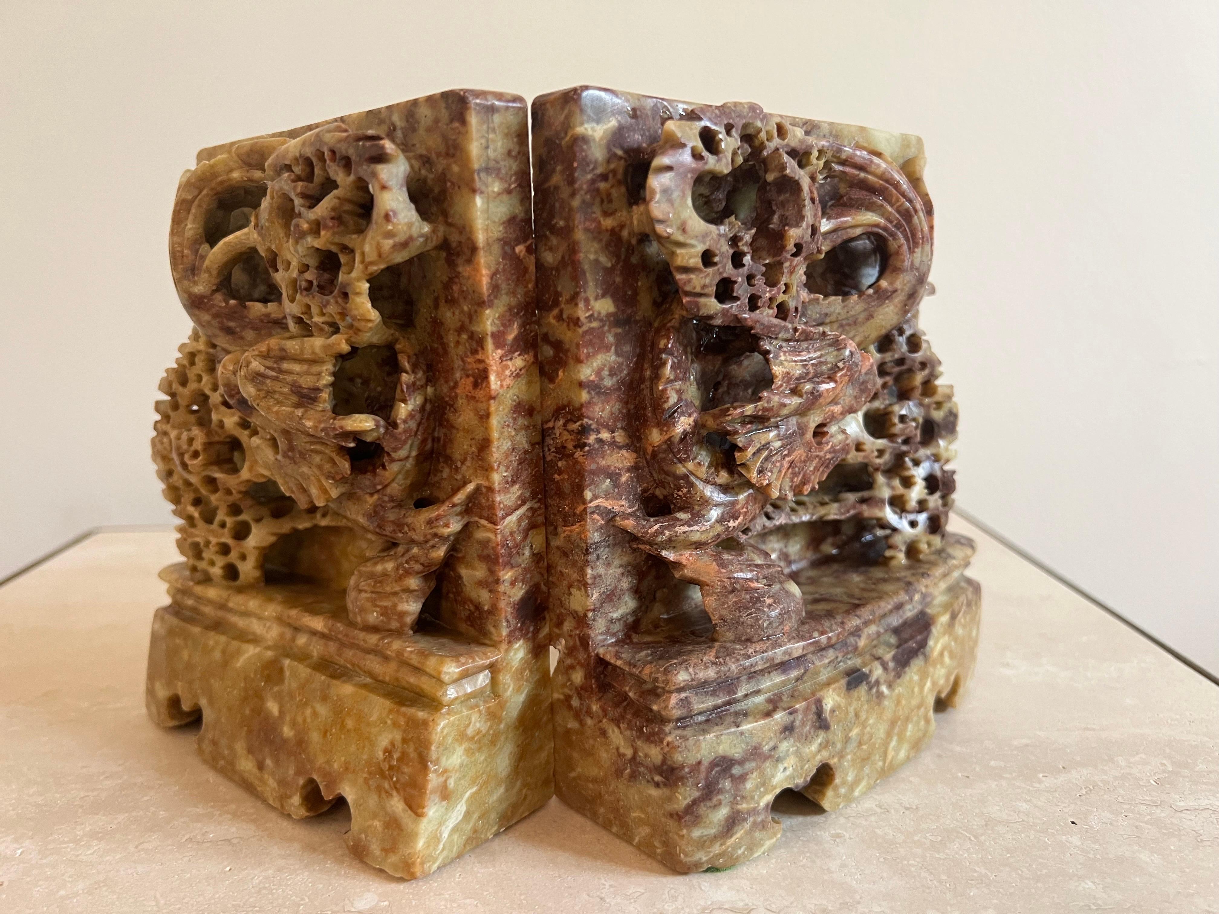 Mid-20th Century Pair of Hand Carved Soapstone Bookends with Asian Chinese Dragon Motif, Ca 1950 For Sale