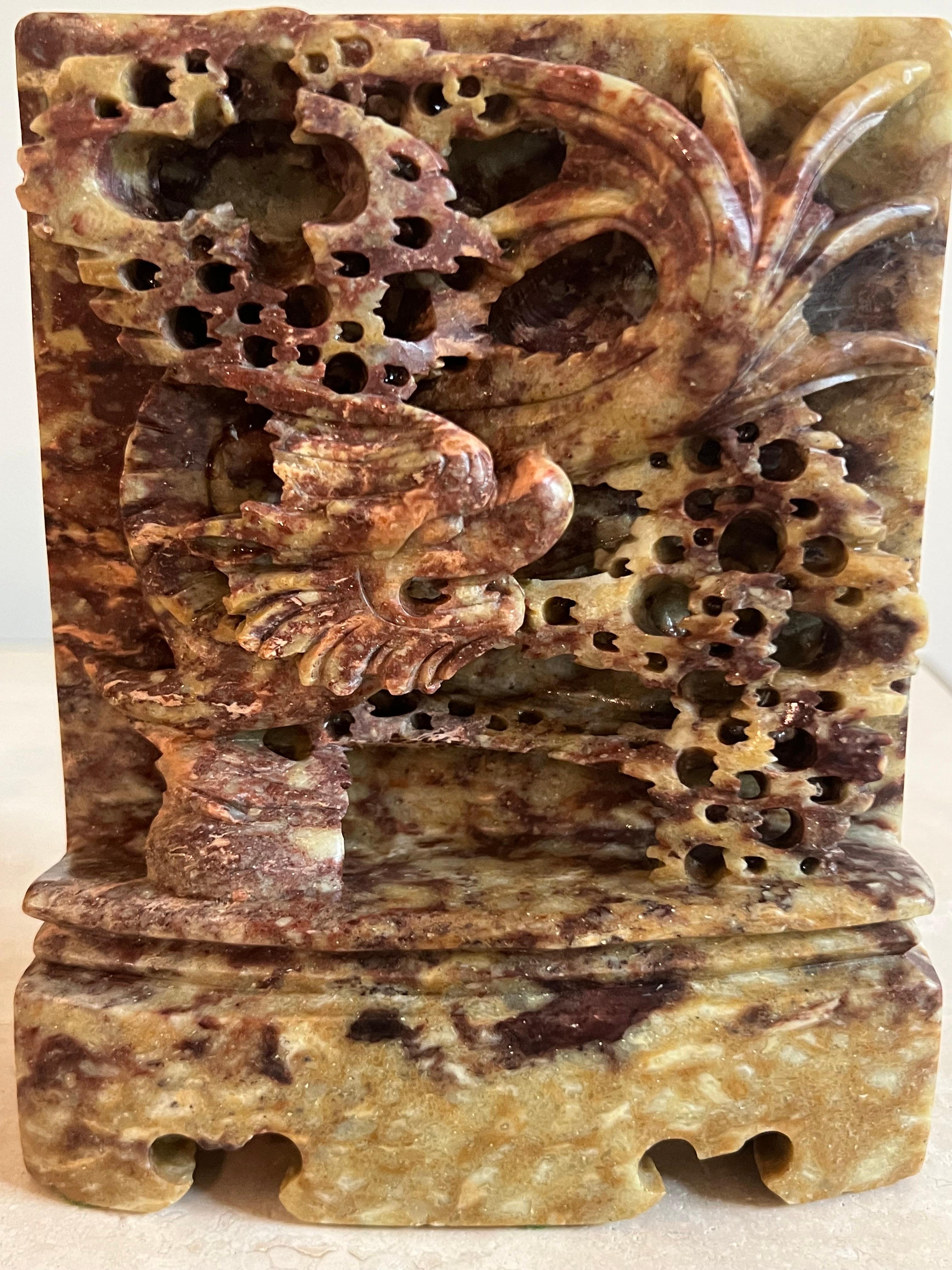 Mid-20th Century Pair of Hand Carved Soapstone Bookends with Asian Chinese Dragon Motif, Ca 1950 For Sale