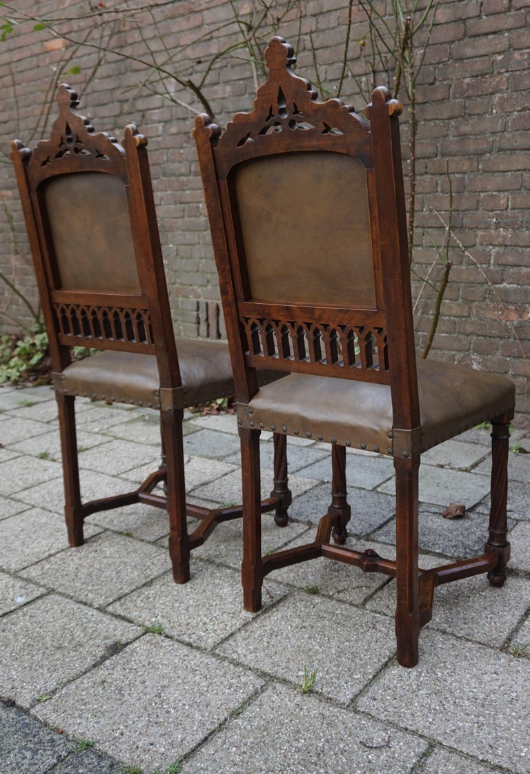 Pair of Hand Carved Solid Nutwood Gothic Revival Chairs with Leather