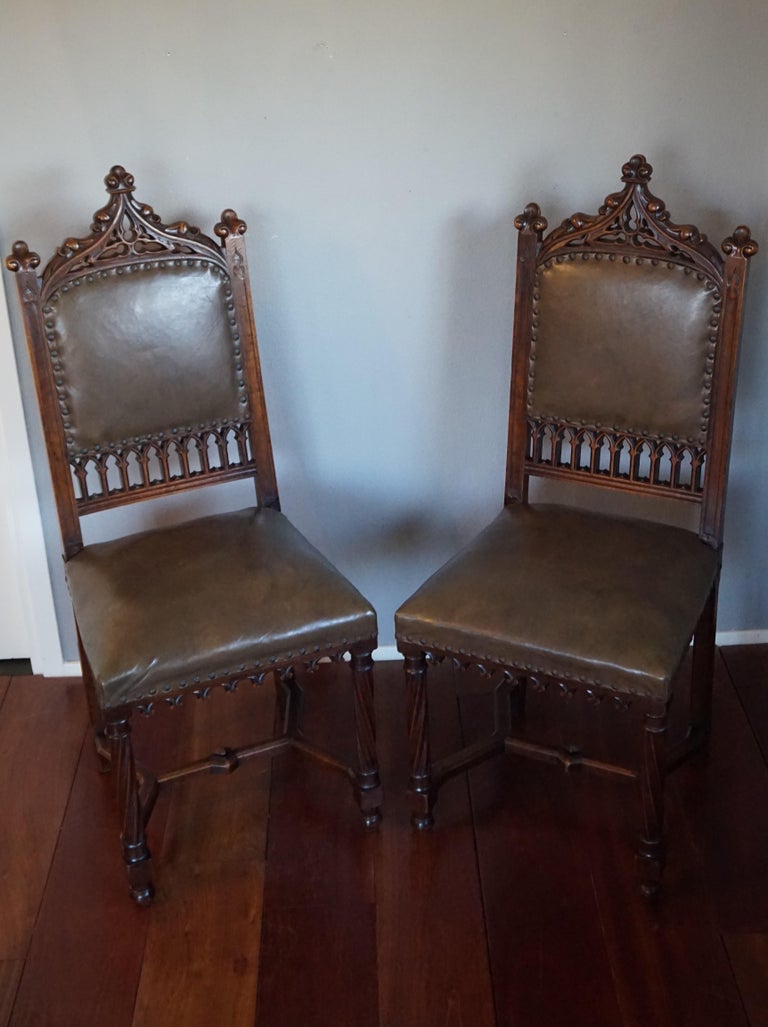 Pair of Hand Carved Solid Nutwood Gothic Revival Chairs with Leather