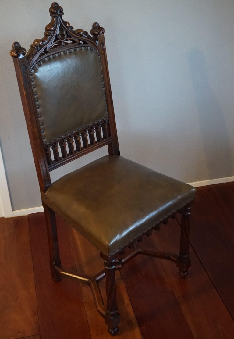 Pair of Hand Carved Solid Nutwood Gothic Revival Chairs with Leather