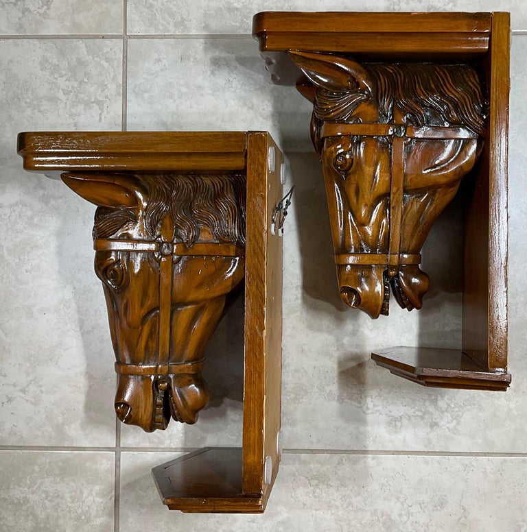 Pair of Hand Carved Solid Wood Wall Brackets For Sale at 1stDibs