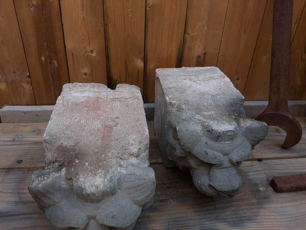 American Pair of Hand Carved Stone Architectural Lion Heads