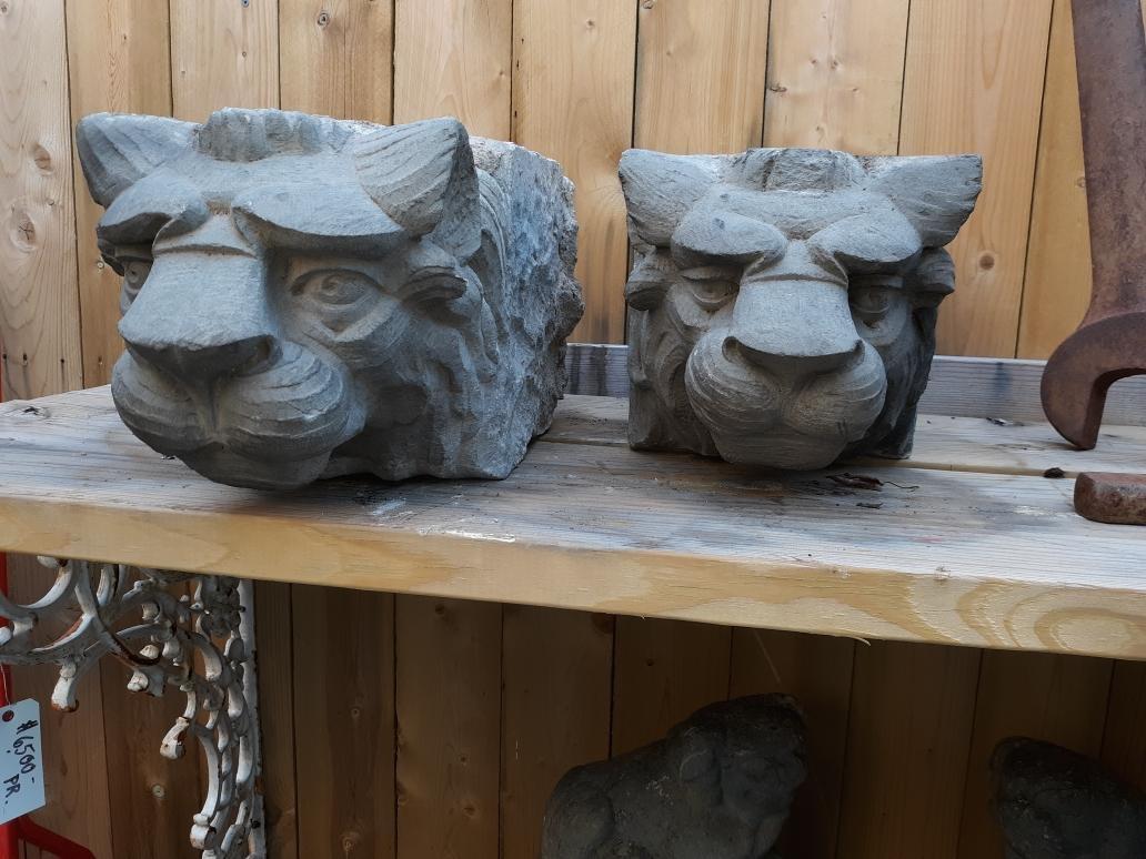 Hand-Carved Pair of Hand Carved Stone Architectural Lion Heads