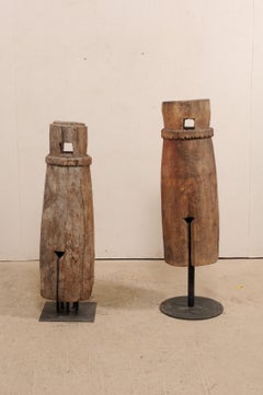 Pair of Hand-Carved Thai Wooden Temple Bells on Stands, Early 20th Century