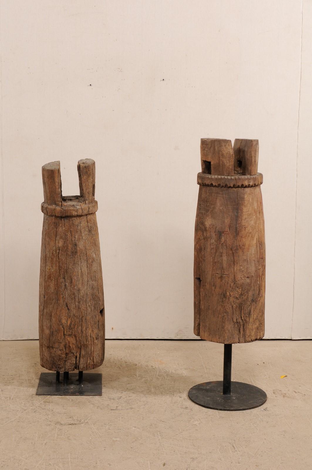 Rustic Pair of Hand-Carved Thai Wooden Temple Bells on Stands, Early 20th Century For Sale