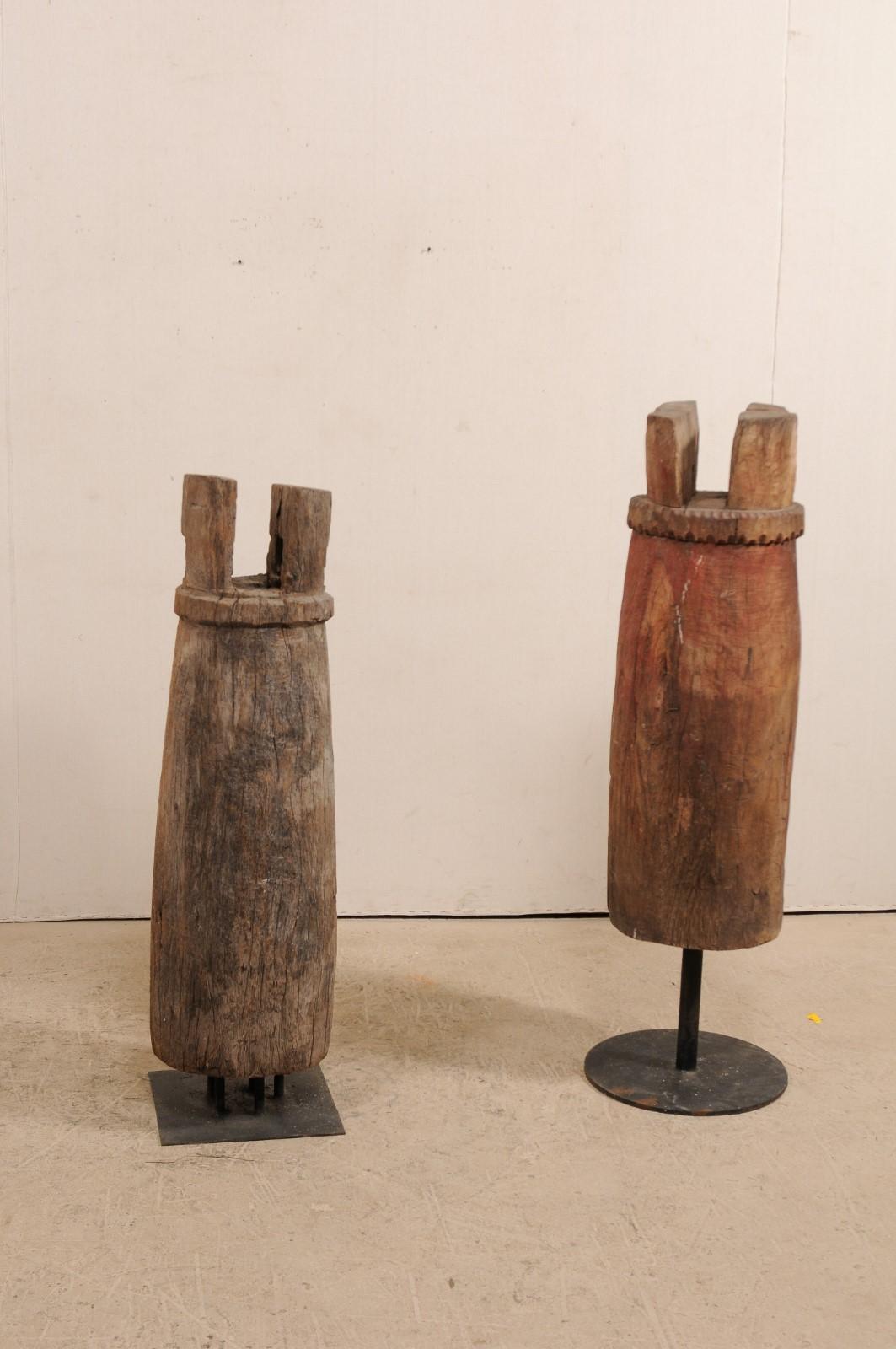 Pair of Hand-Carved Thai Wooden Temple Bells on Stands, Early 20th Century In Good Condition For Sale In Atlanta, GA