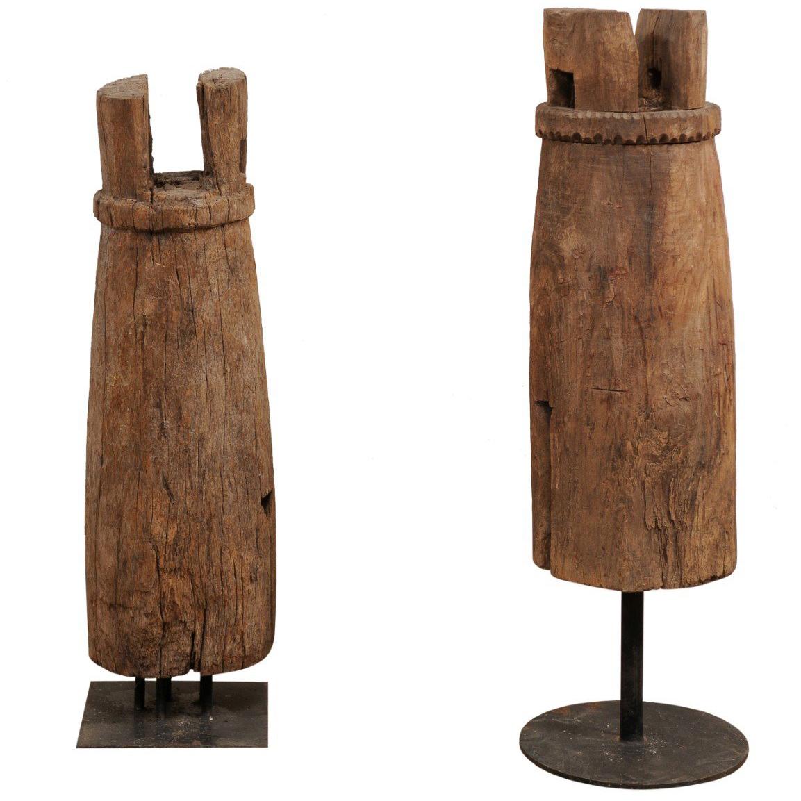 Pair of Hand-Carved Thai Wooden Temple Bells on Stands, Early 20th Century For Sale