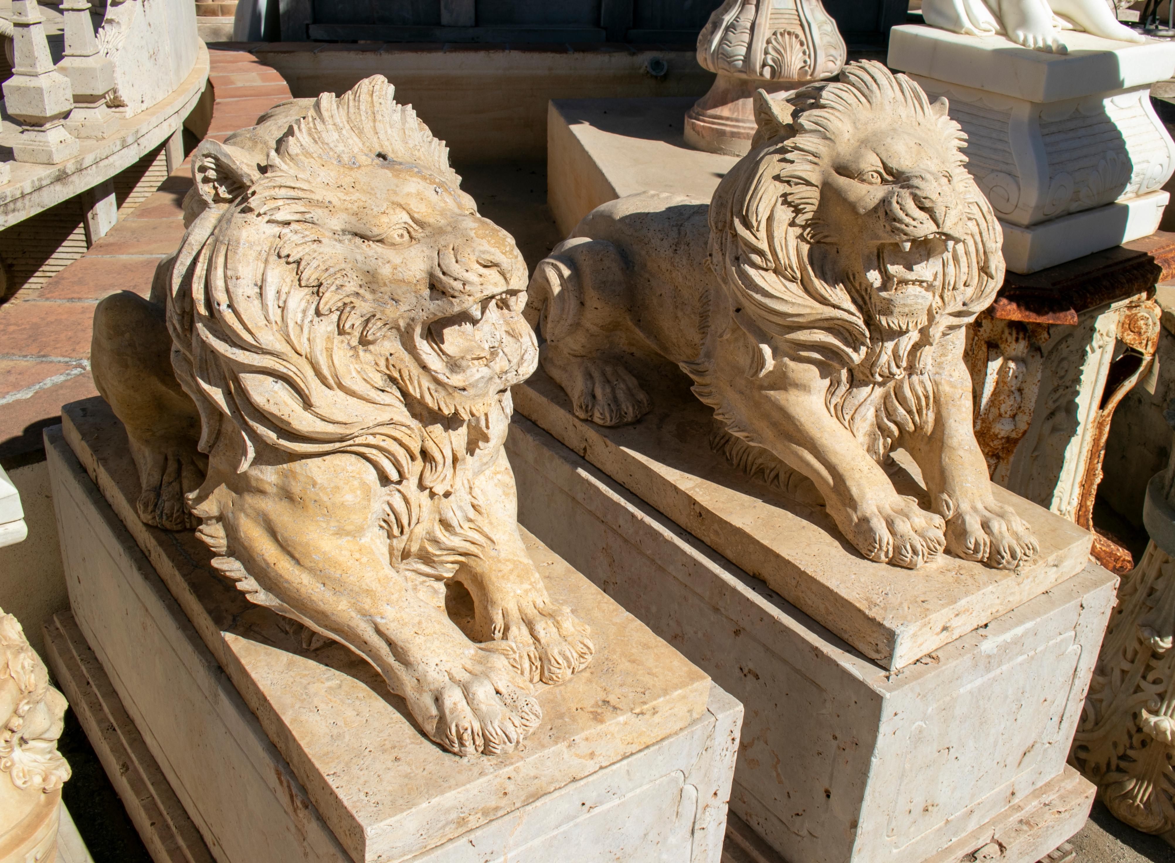 Pair of hand carved travertine marble lions with bases.