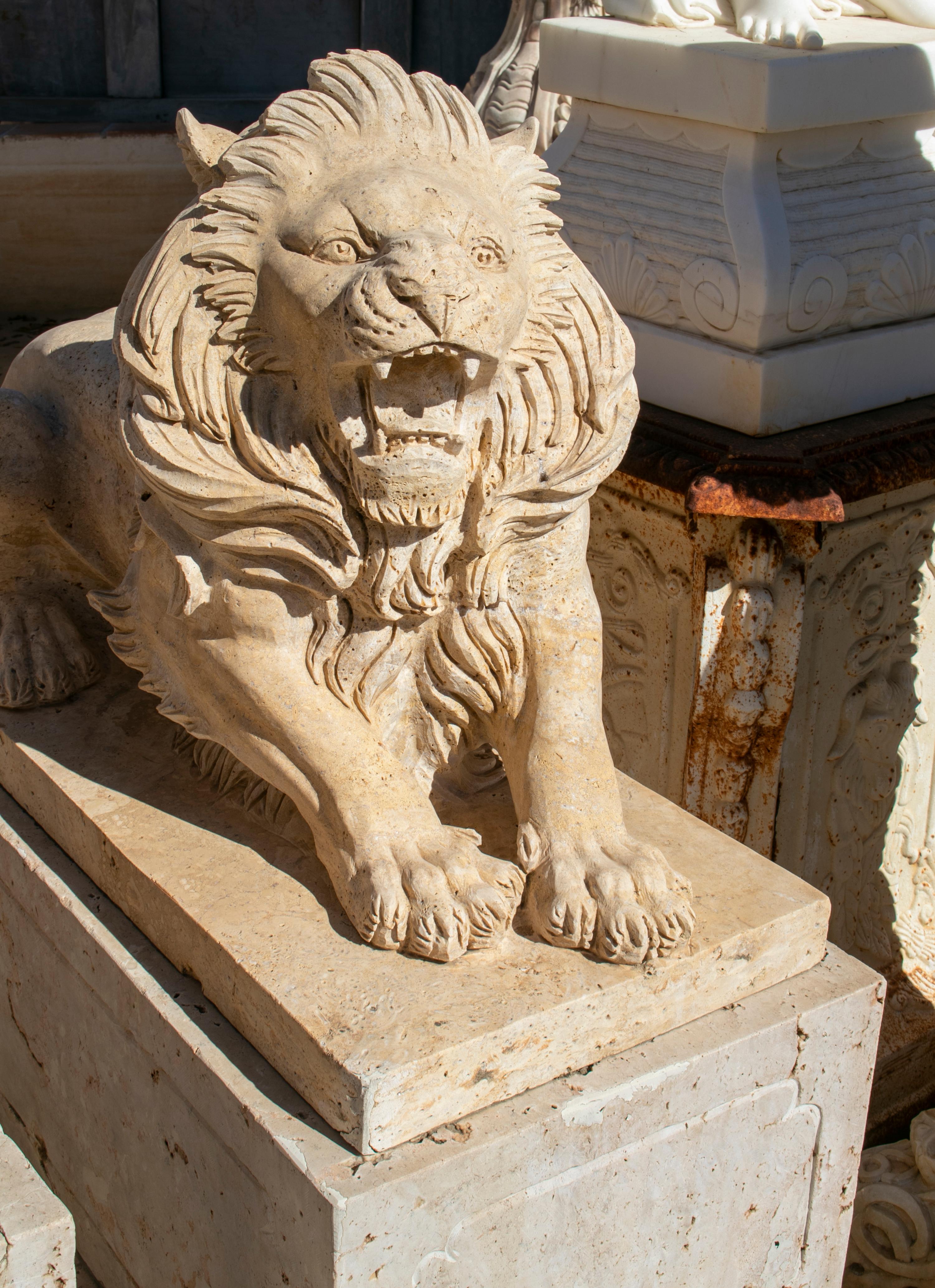 Hand-Carved Pair of Hand Carved Travertine Marble Lions with Bases