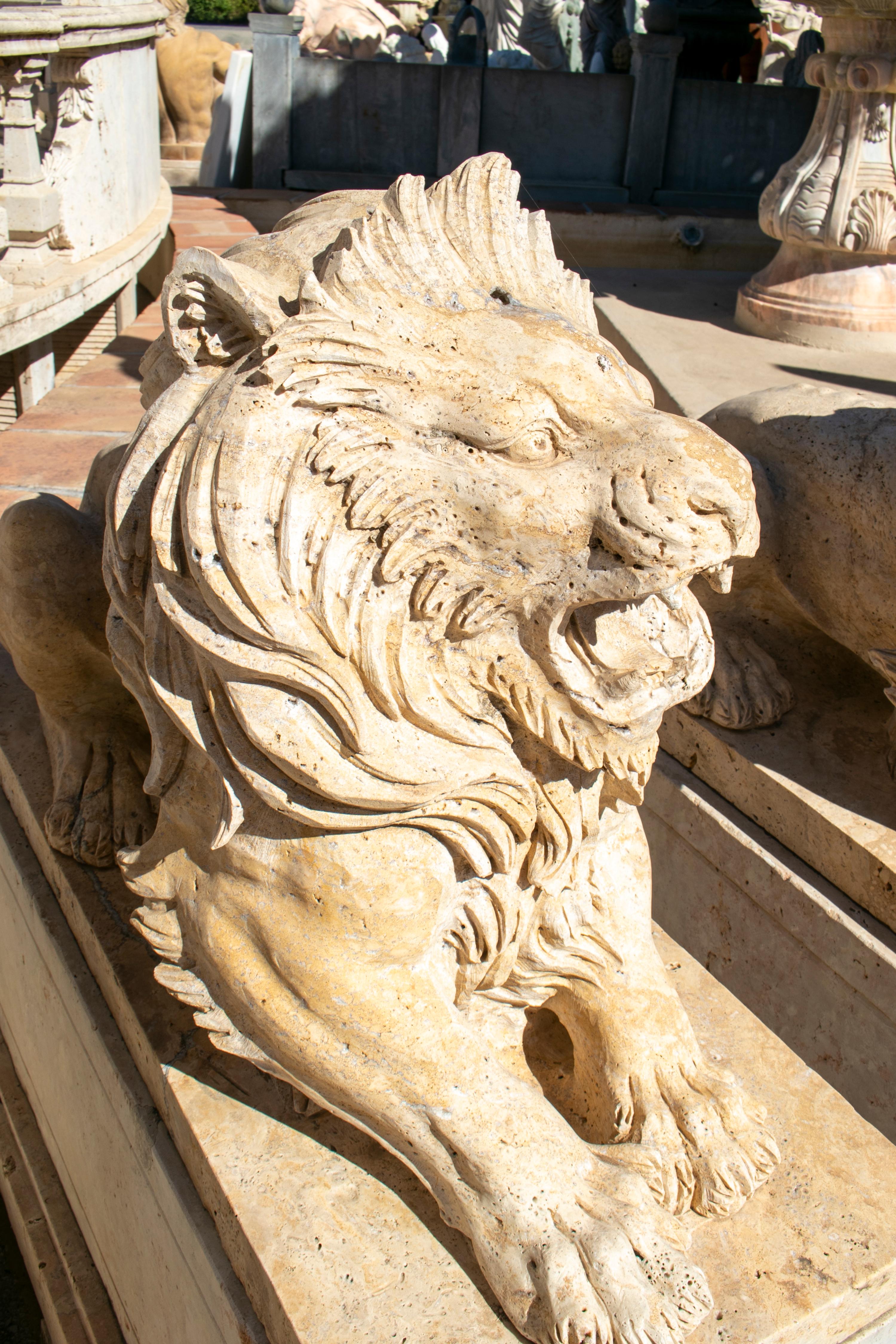 20th Century Pair of Hand Carved Travertine Marble Lions with Bases
