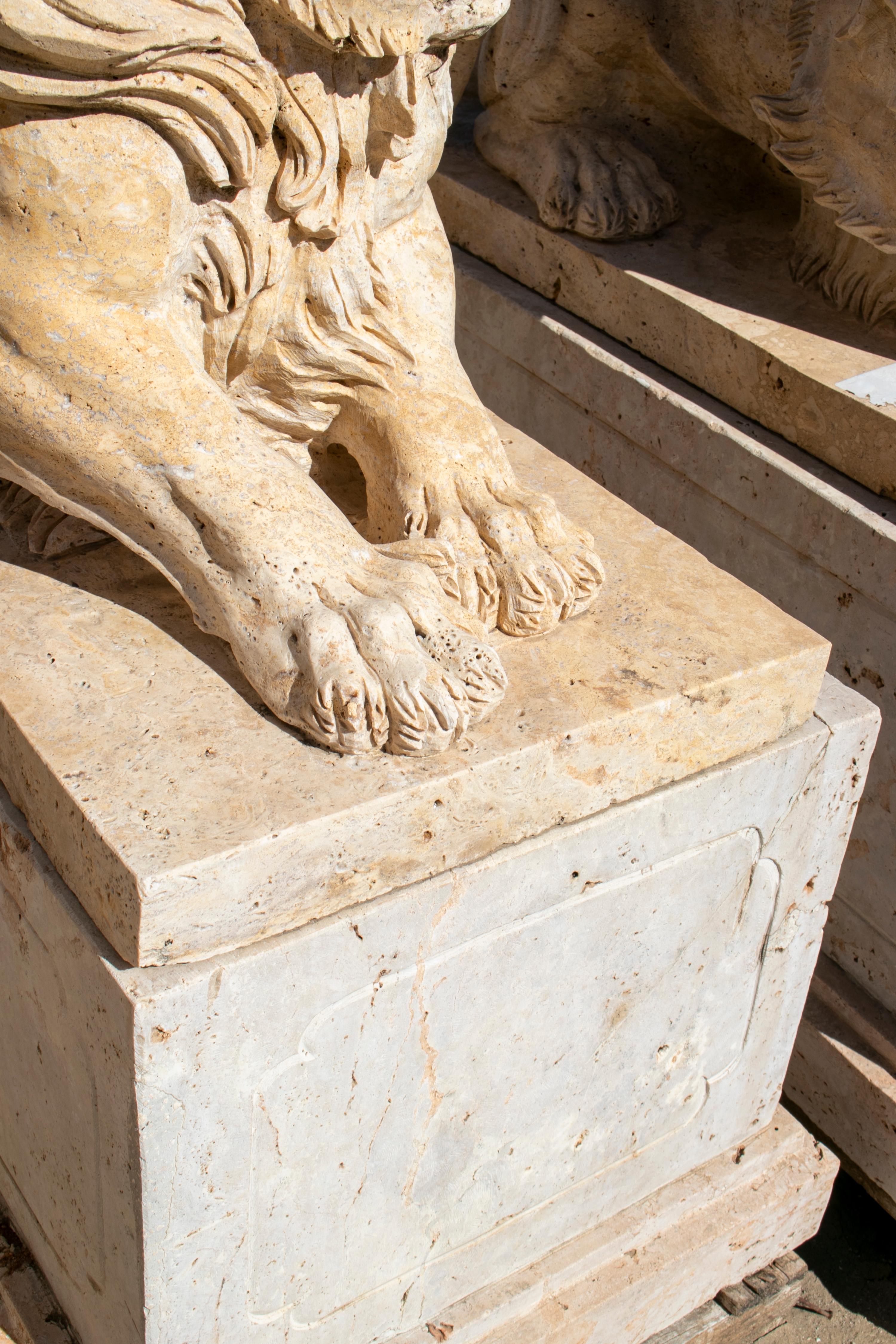 Pair of Hand Carved Travertine Marble Lions with Bases 2