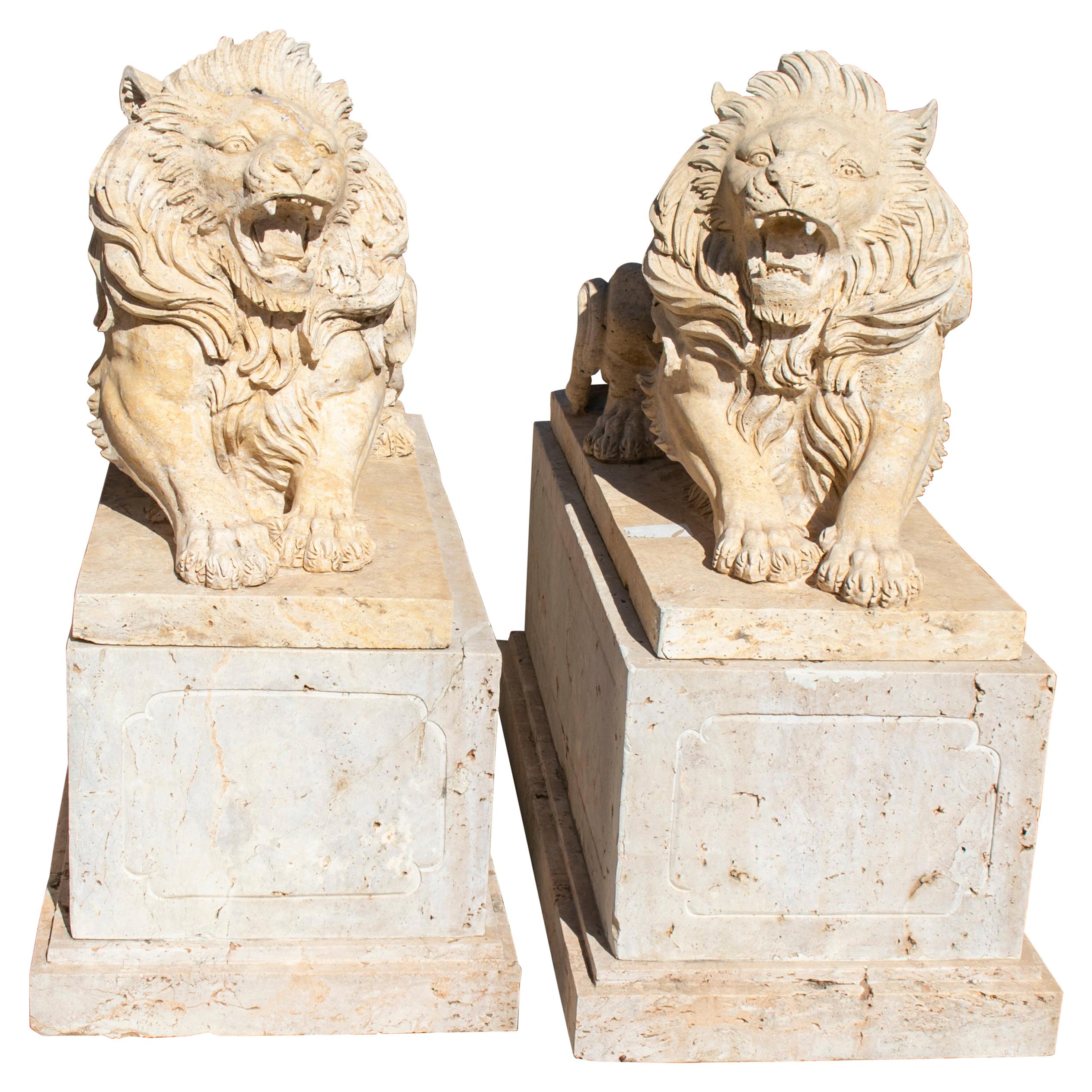 Pair of Hand Carved Travertine Marble Lions with Bases