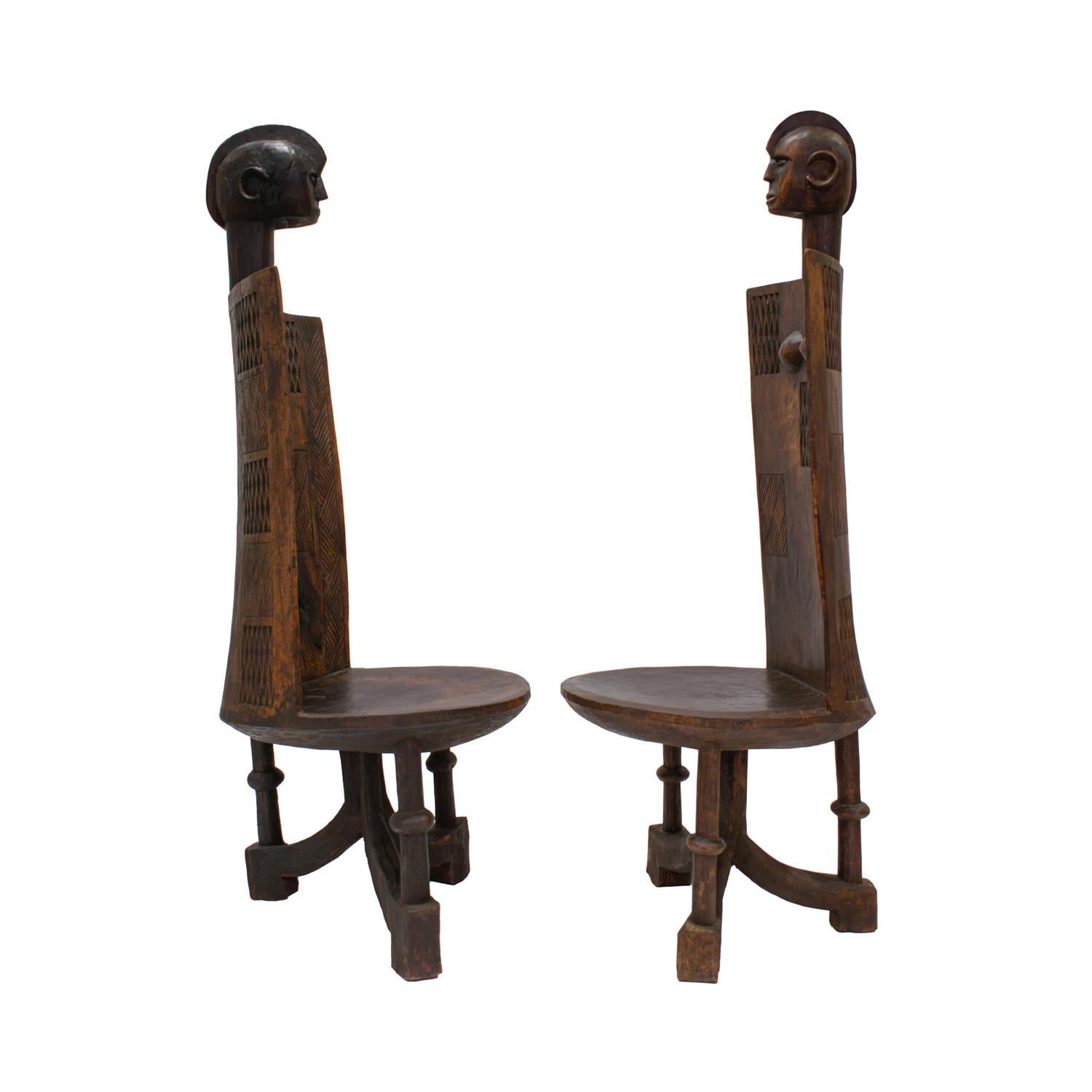 Mid-Century Modern Pair of Hand-Carved Tribal Chairs from Africa 1960s
