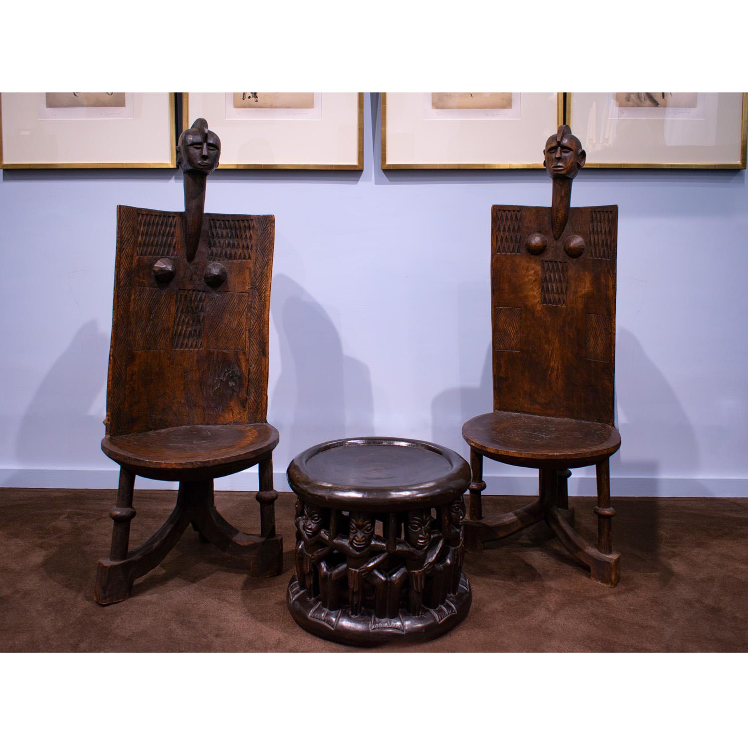 Pair of Hand-Carved Tribal Chairs from Africa 1960s 1
