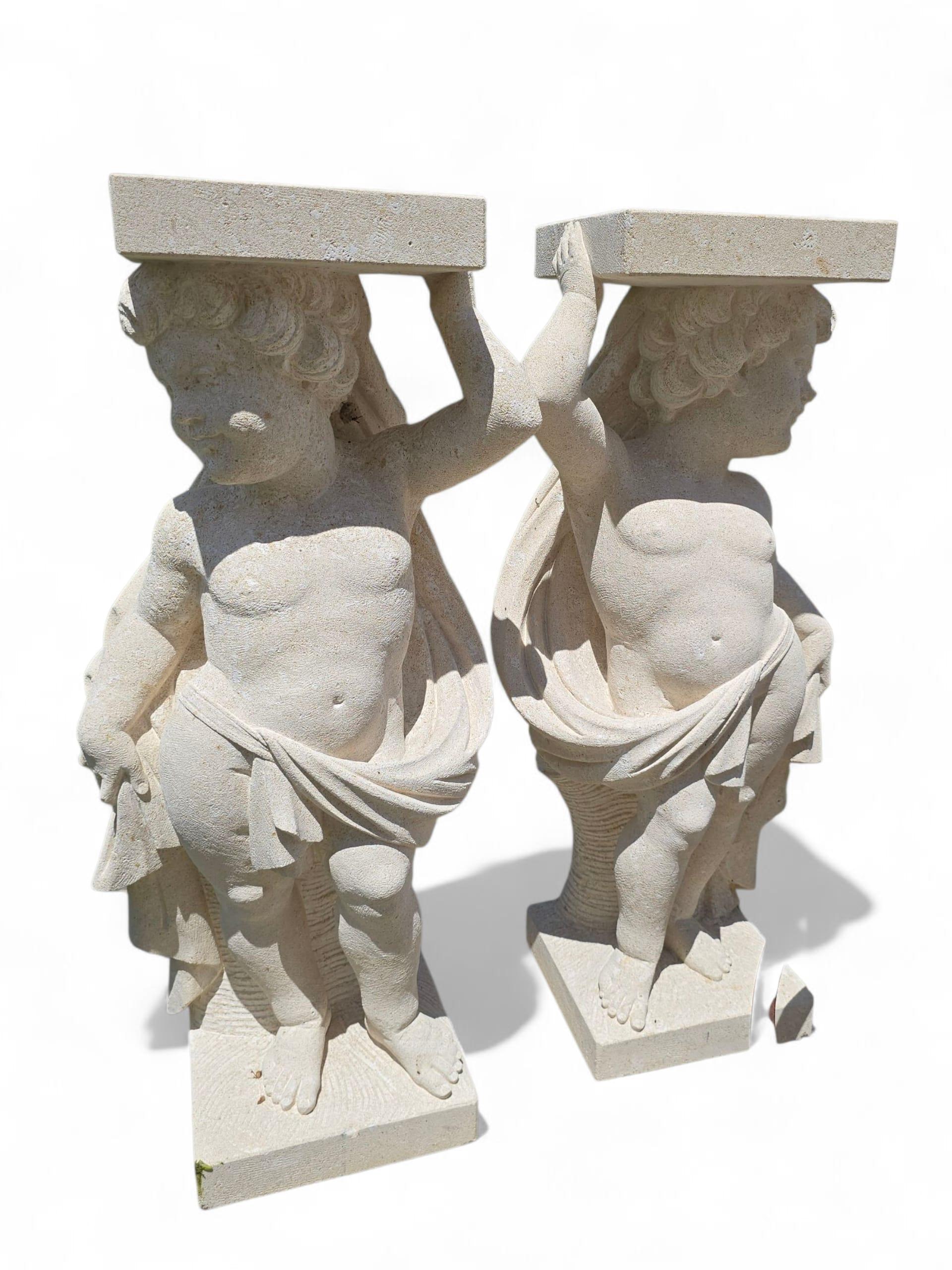 Limestone Pair of Hand-Carved Vicenza Stone Cherubs, Italy For Sale