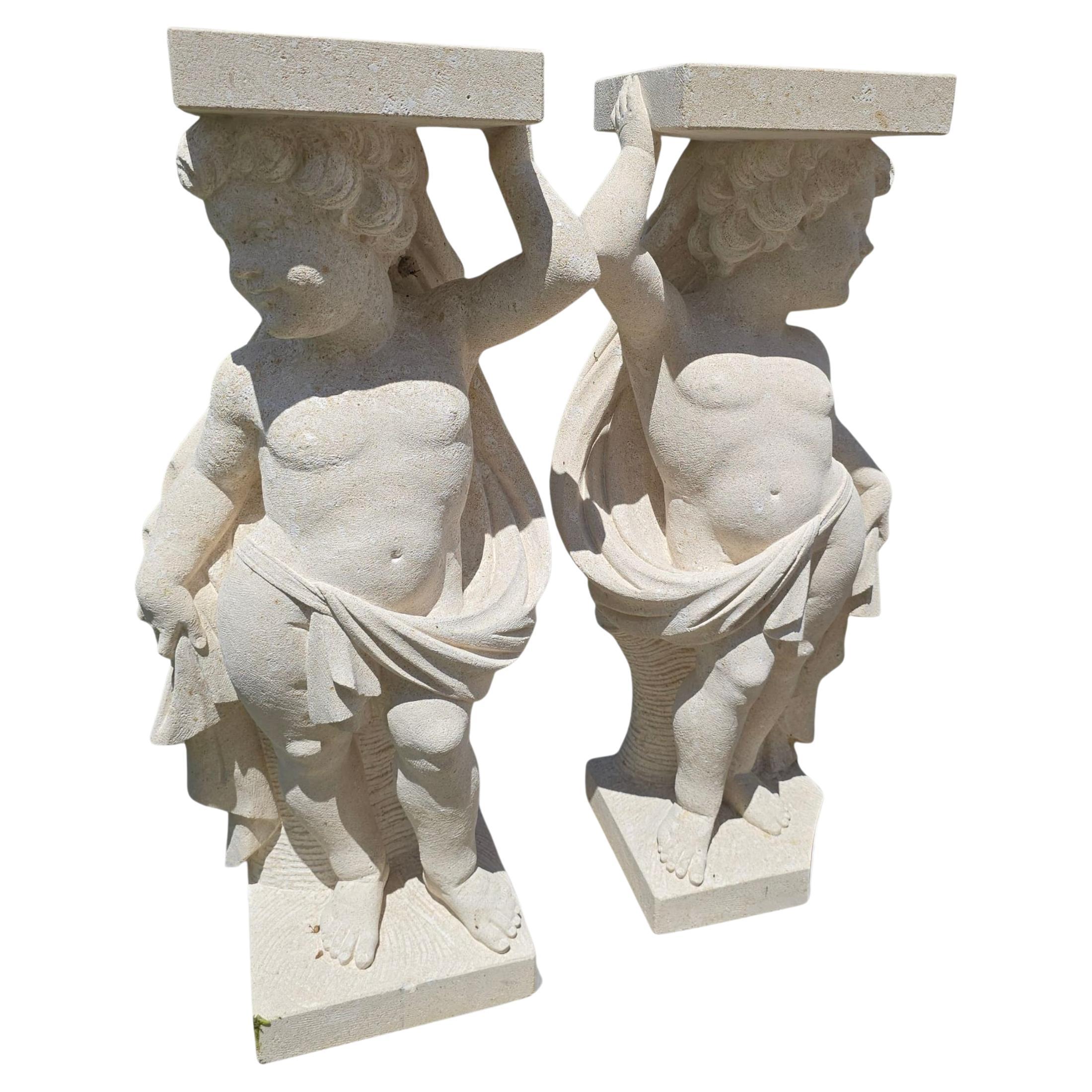 Pair of Hand-Carved Vicenza Stone Cherubs, Italy For Sale