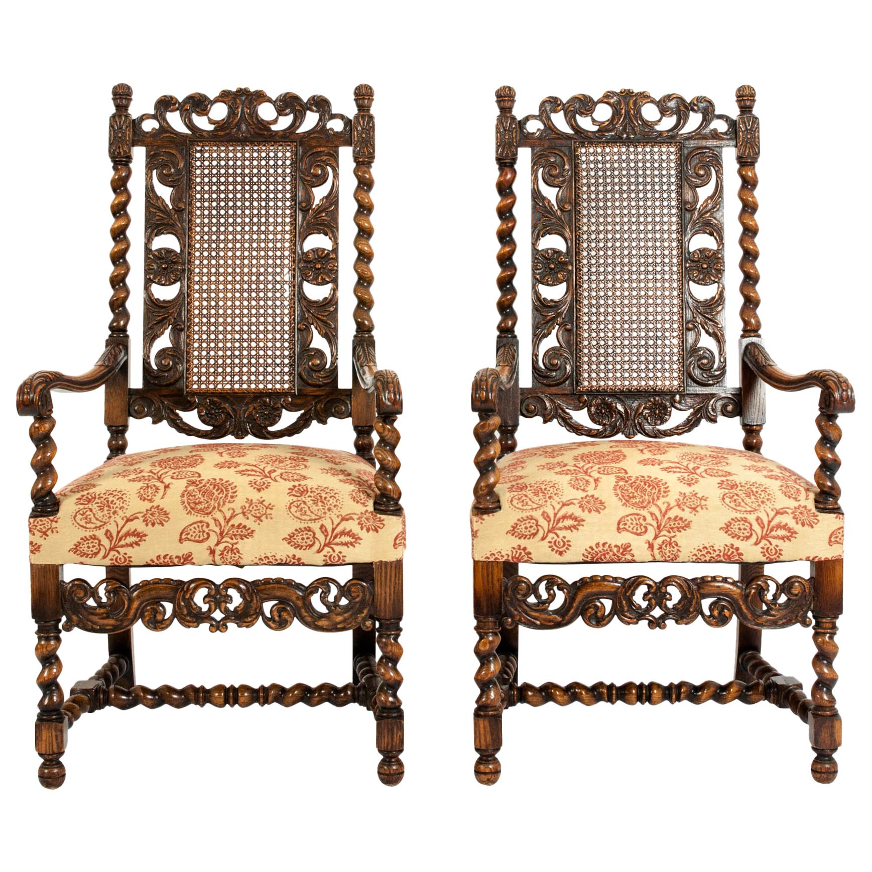 Pair  Hand Carved Walnut / Cane Back Armchairs / Corner Chairs