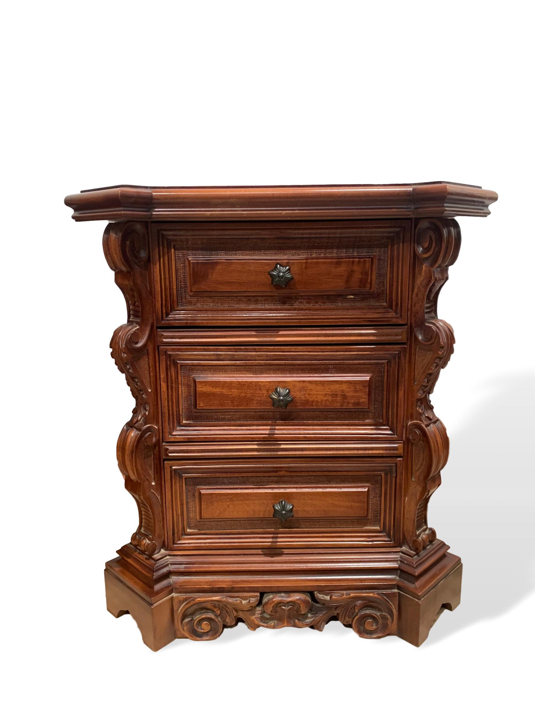 Hand-Carved Pair of Hand Carved Walnut Commodes, Italian, circa 1920