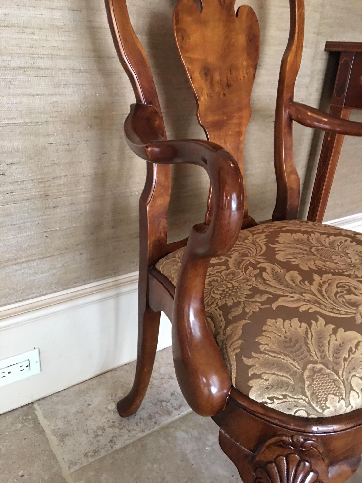 American Pair of Hand Carved Walnut Queen Anne Style Armchairs, 20th Century For Sale