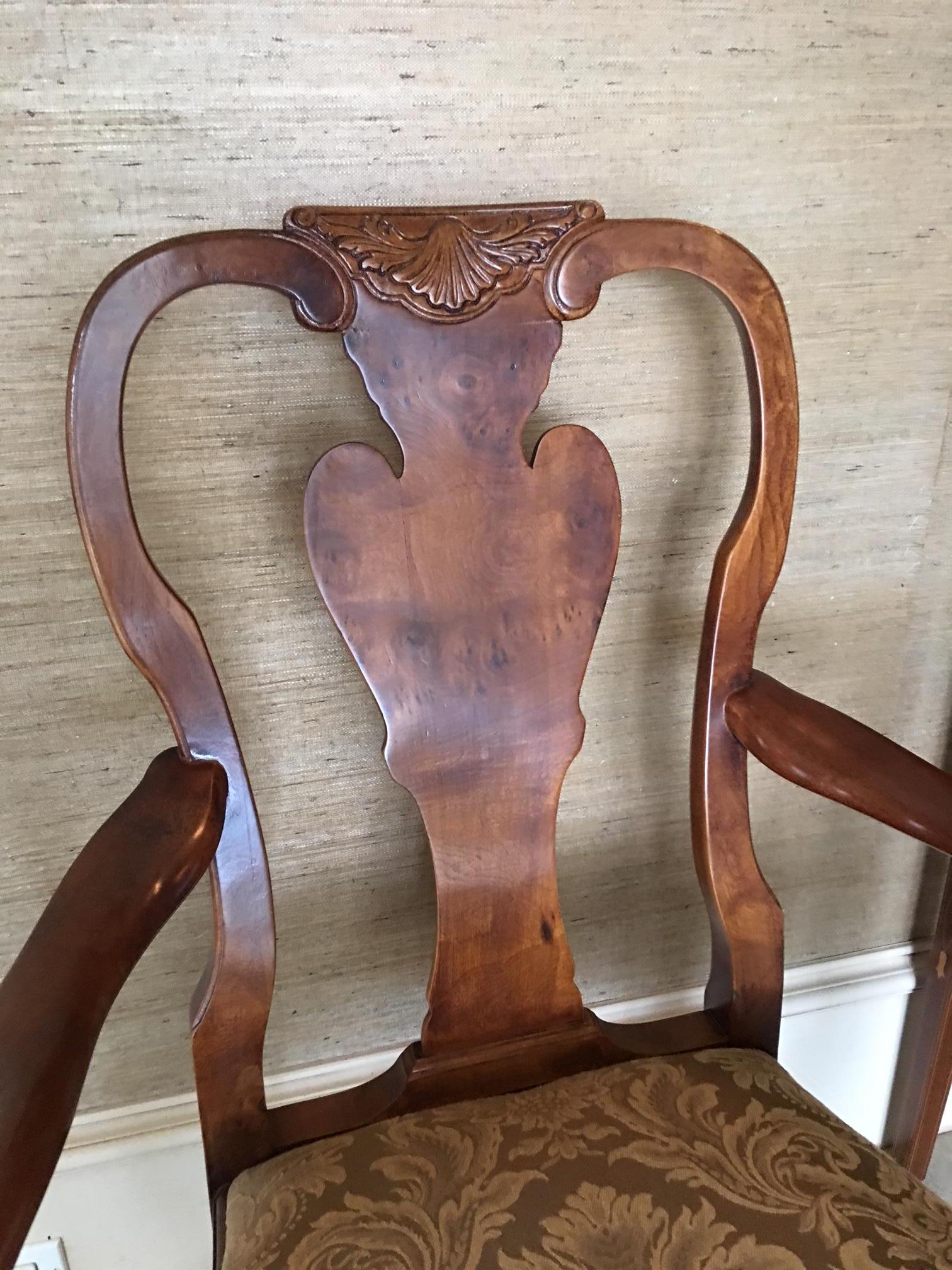 Pair of Hand Carved Walnut Queen Anne Style Armchairs, 20th Century In Good Condition For Sale In Savannah, GA