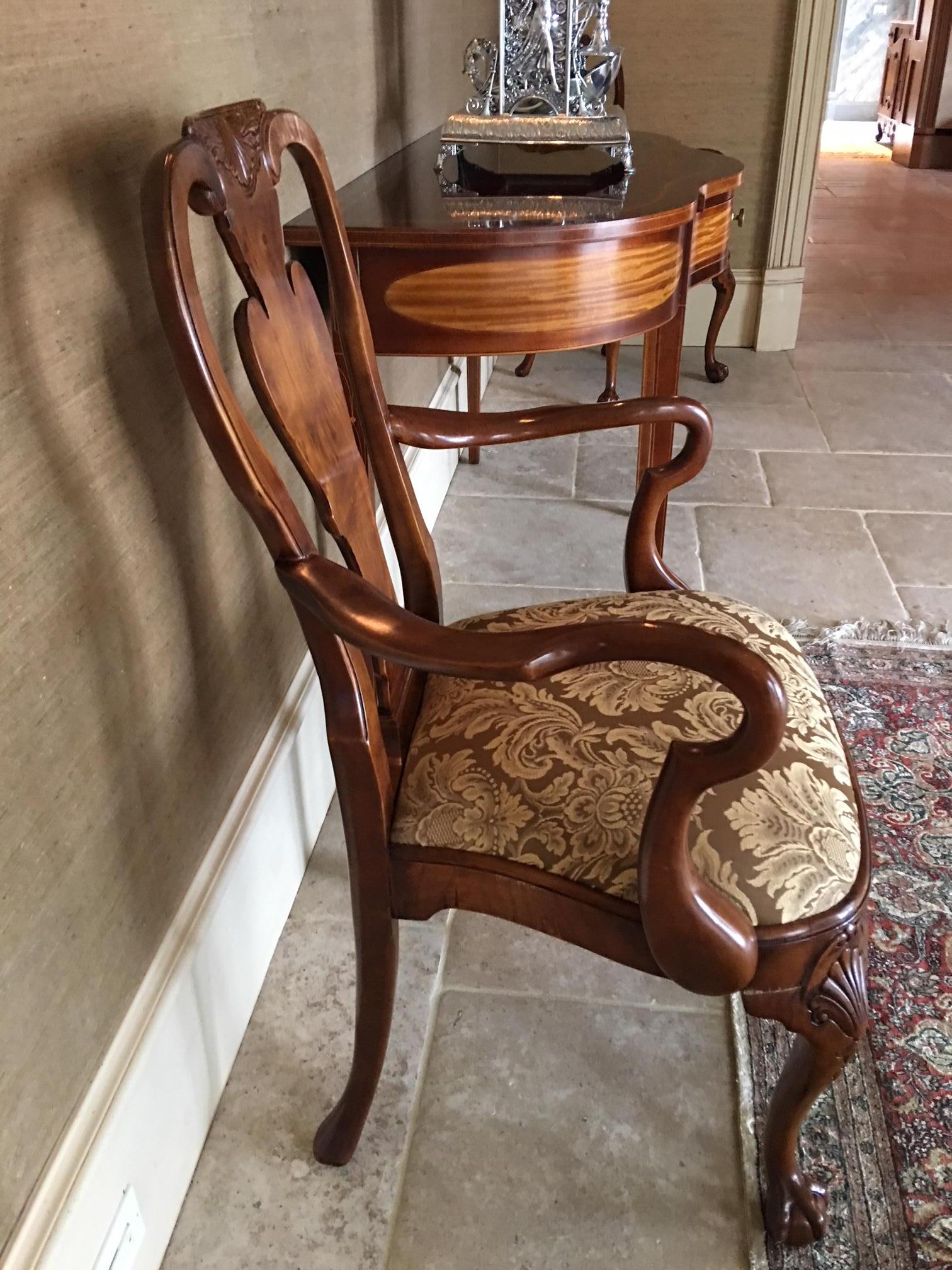 Pair of Hand Carved Walnut Queen Anne Style Armchairs, 20th Century For Sale 1