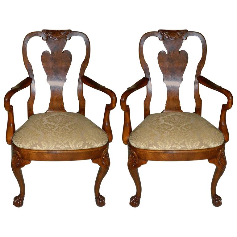 Pair of Hand Carved Walnut Queen Anne Style Armchairs, 20th Century