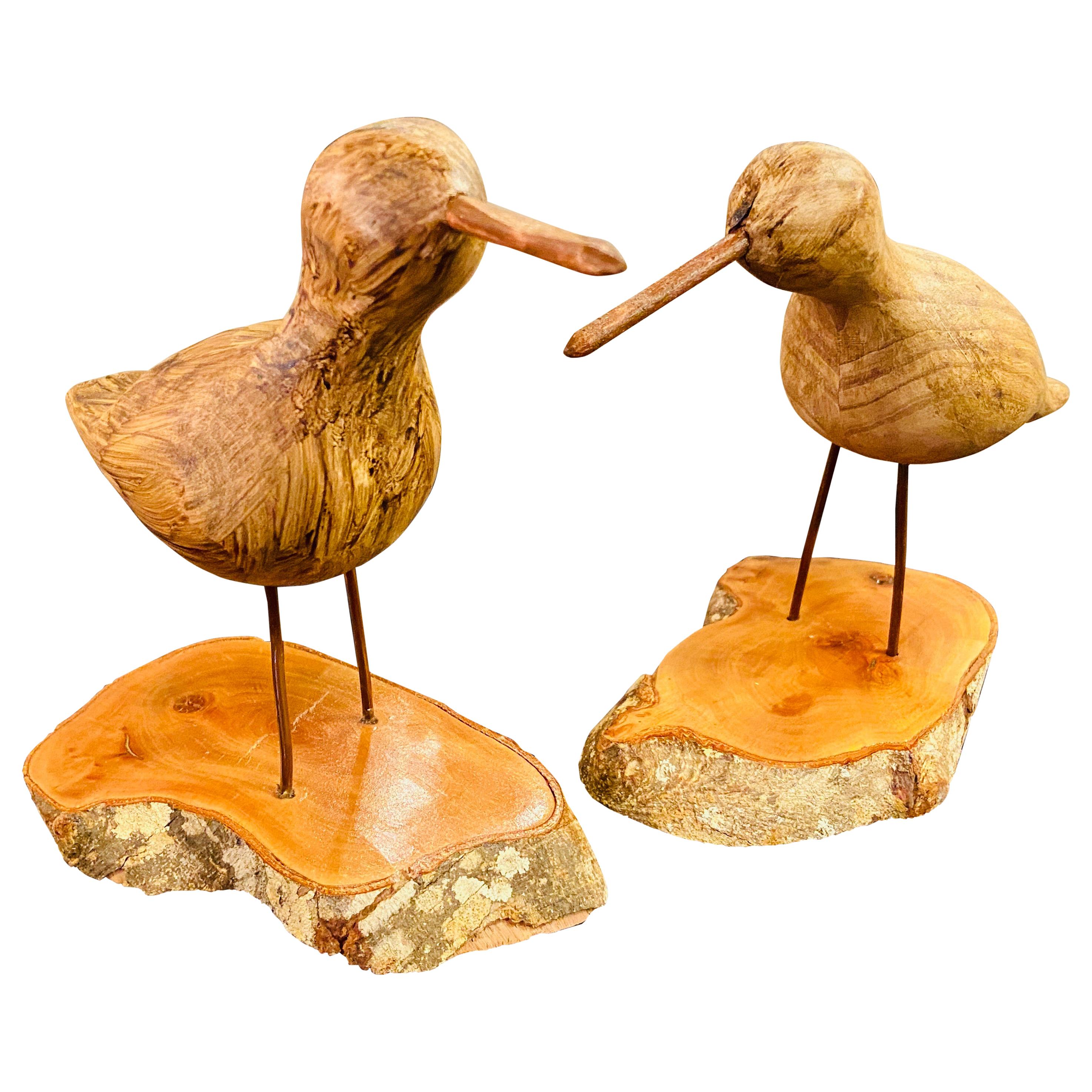 Pair of Hand Carved Walnut Wood Birds