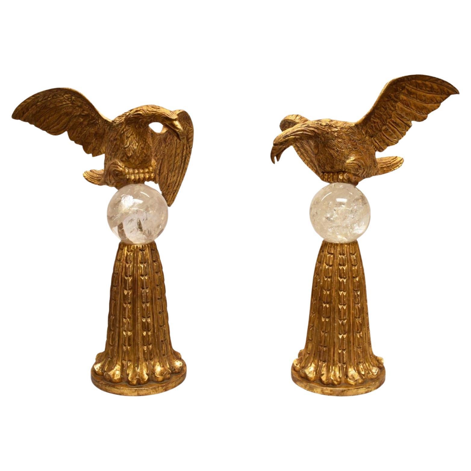 Pair of Hand-Carved Water Gilt & Rock Crystal Eagle Sculptures