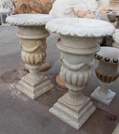 Pair of Hand Carved White Marble Cups with Garland Decoration