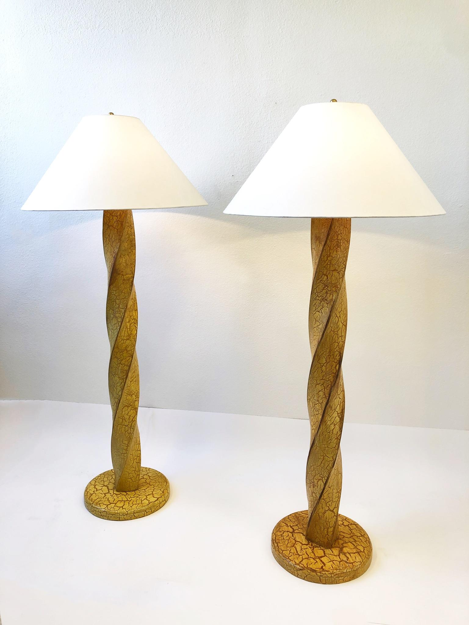 American Pair of Hand Carved Wood Floor Lamps by Dana Creath Designs for Steve Chase