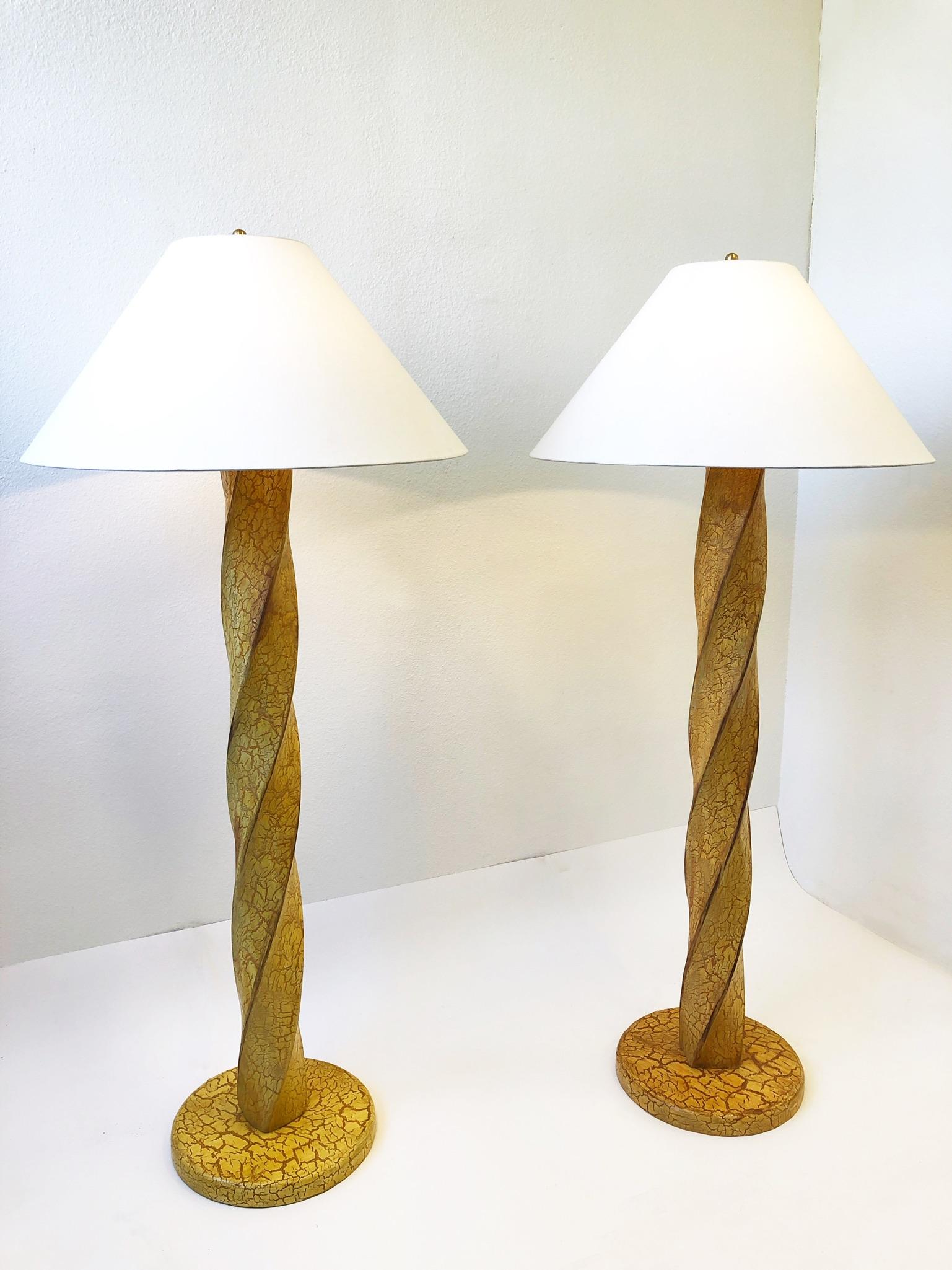 Late 20th Century Pair of Hand Carved Wood Floor Lamps by Dana Creath Designs for Steve Chase