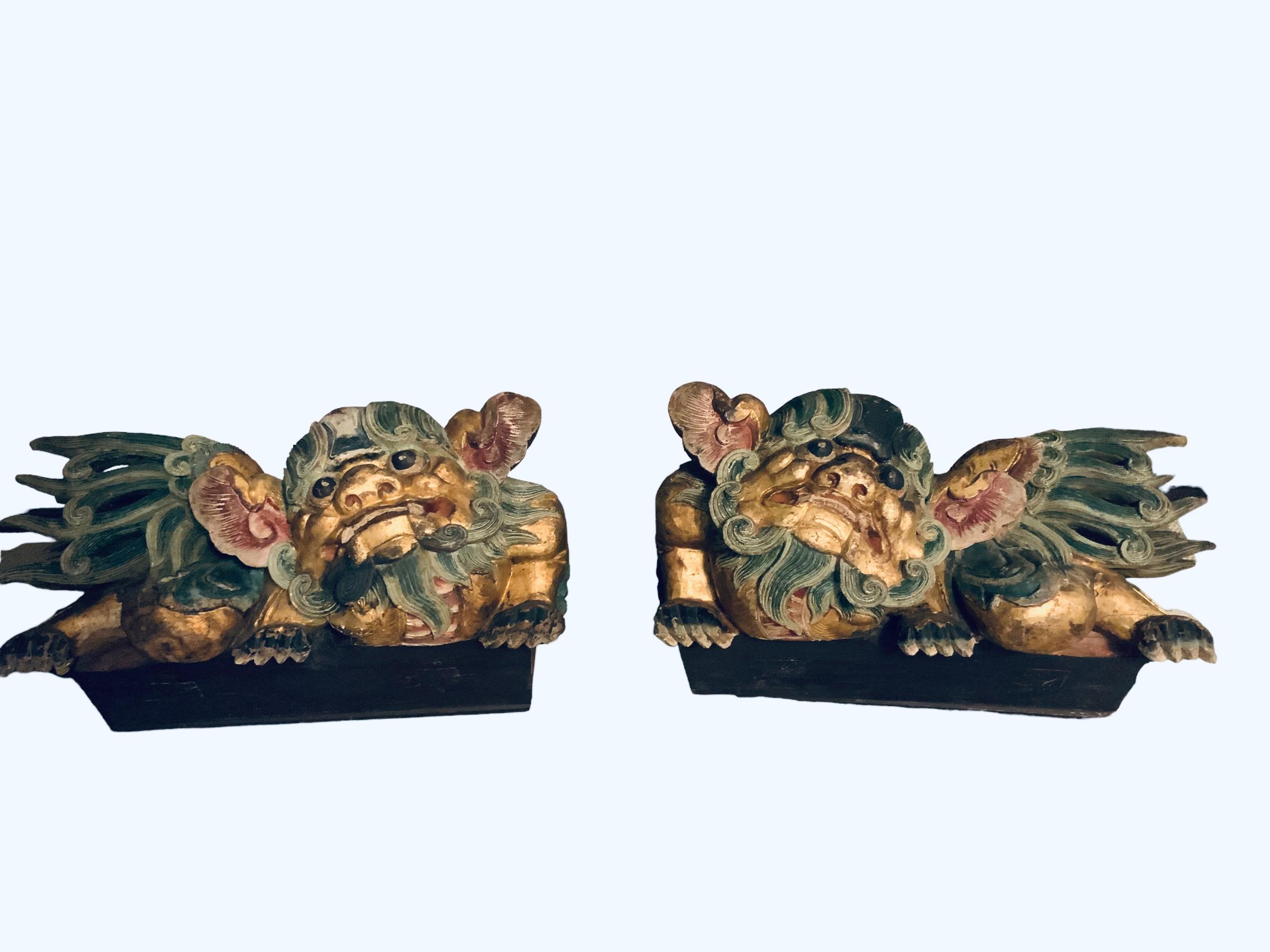 Pair Of Hand Carved Wood Polychromatic FooDogs 8