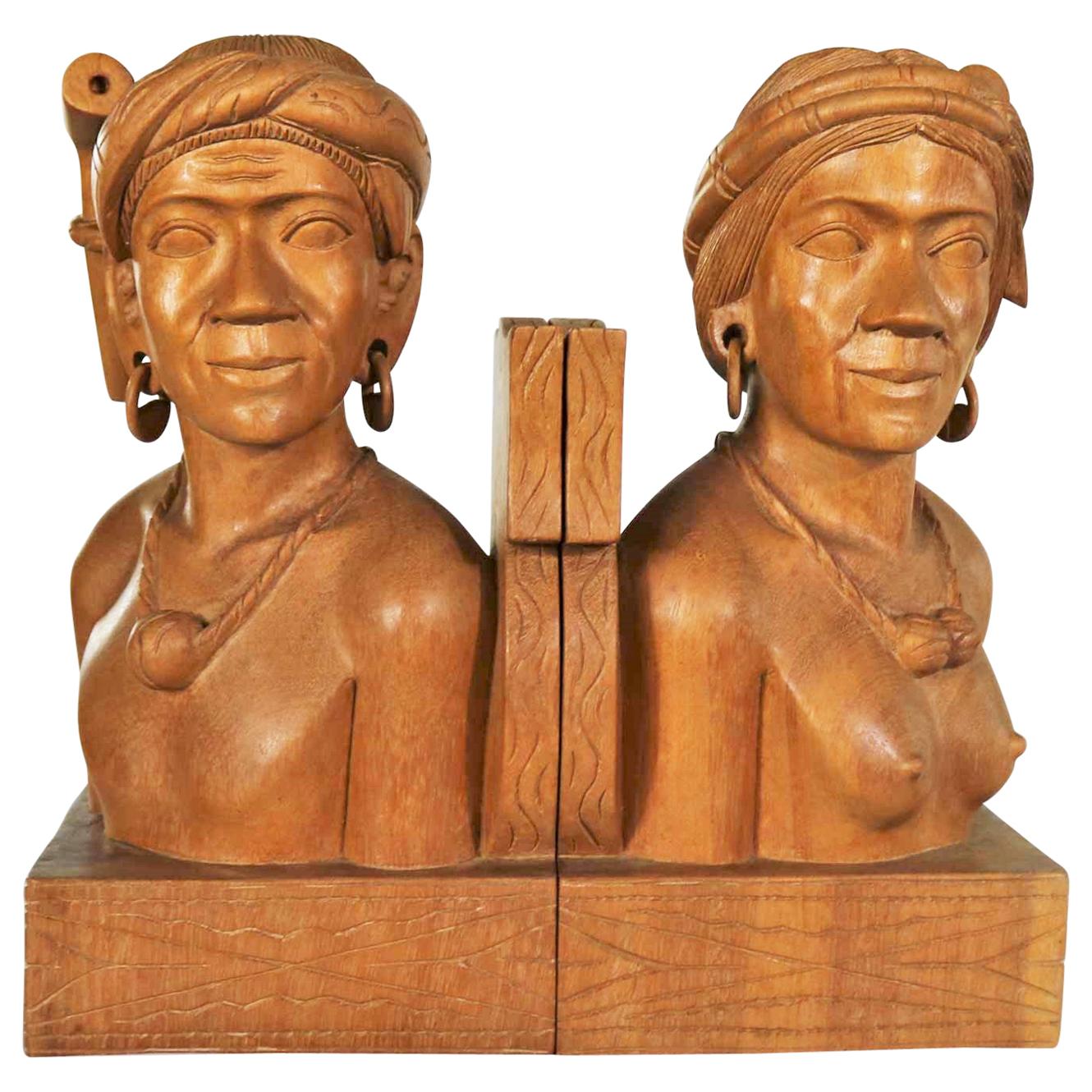 Pair of Hand Carved Wood Tribal Figural Male and Female Bookends