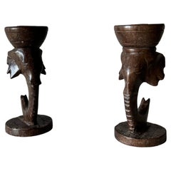 Pareja De Candelabros Africanos De Madera Tallada A Mano, Años 70