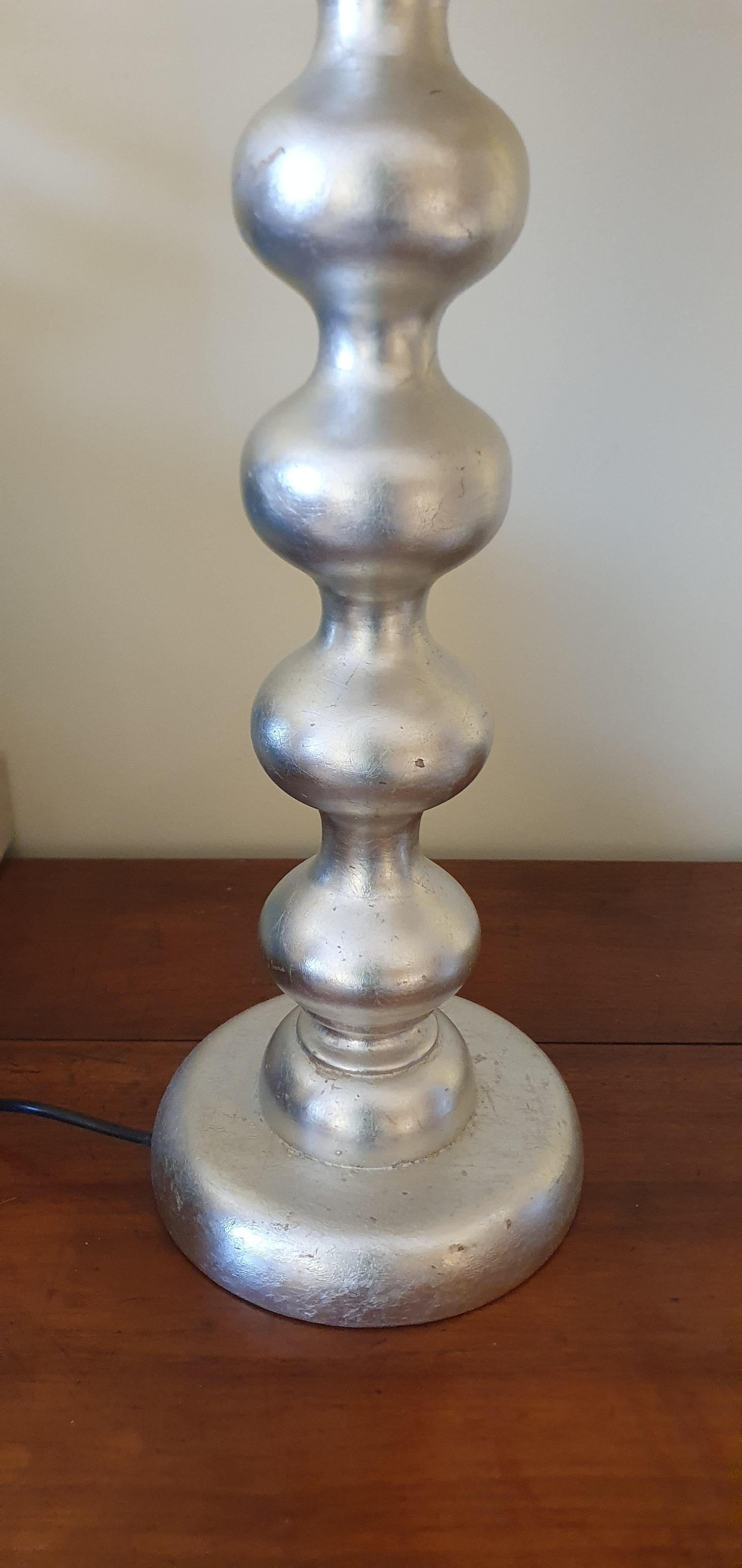 Pair of Hand carved wooden Bobble lamps Antiqued Silver Leaf with Suede shades For Sale 3