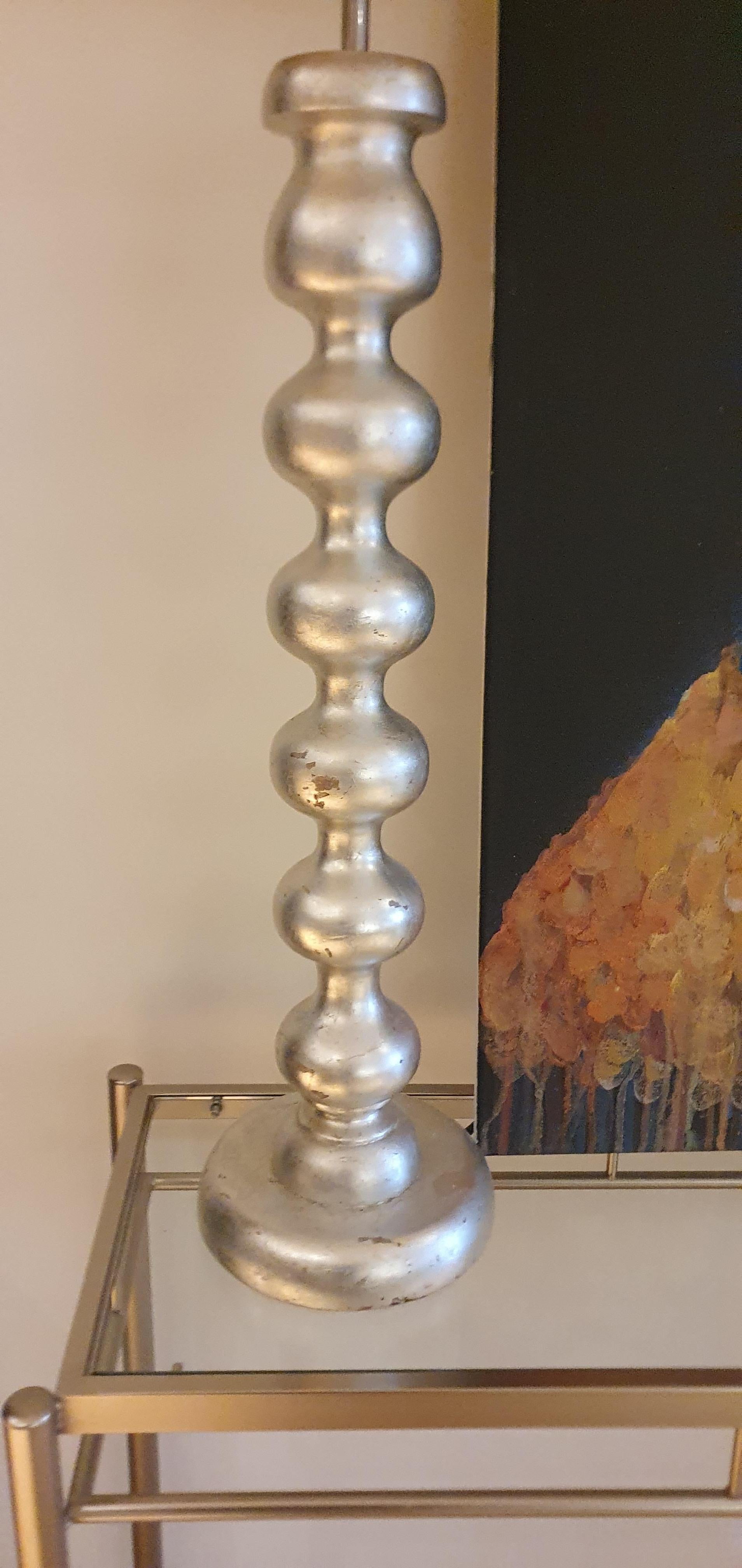 Pair of Hand carved wooden Bobble lamps Antiqued Silver Leaf with Suede shades For Sale 4