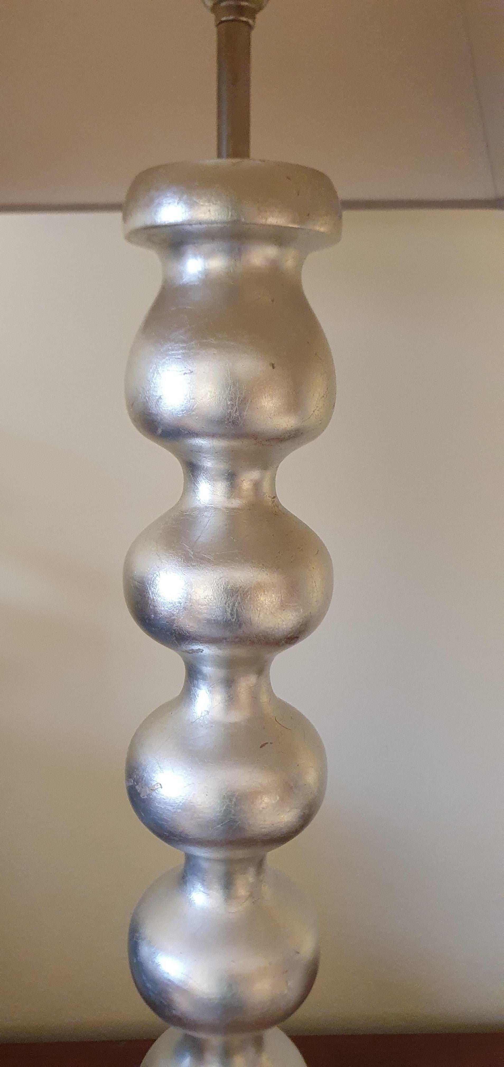 Pair of Hand carved wooden Bobble lamps Antiqued Silver Leaf with Suede shades For Sale 5