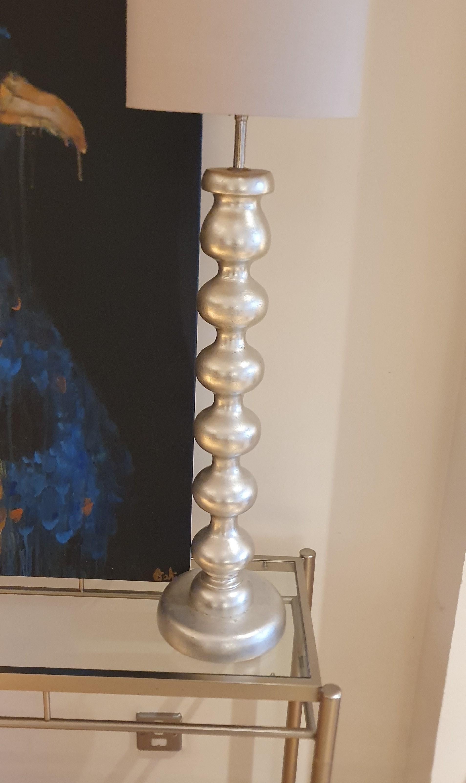 Pair of Hand carved wooden Bobble lamps Antiqued Silver Leaf with Suede shades For Sale 6