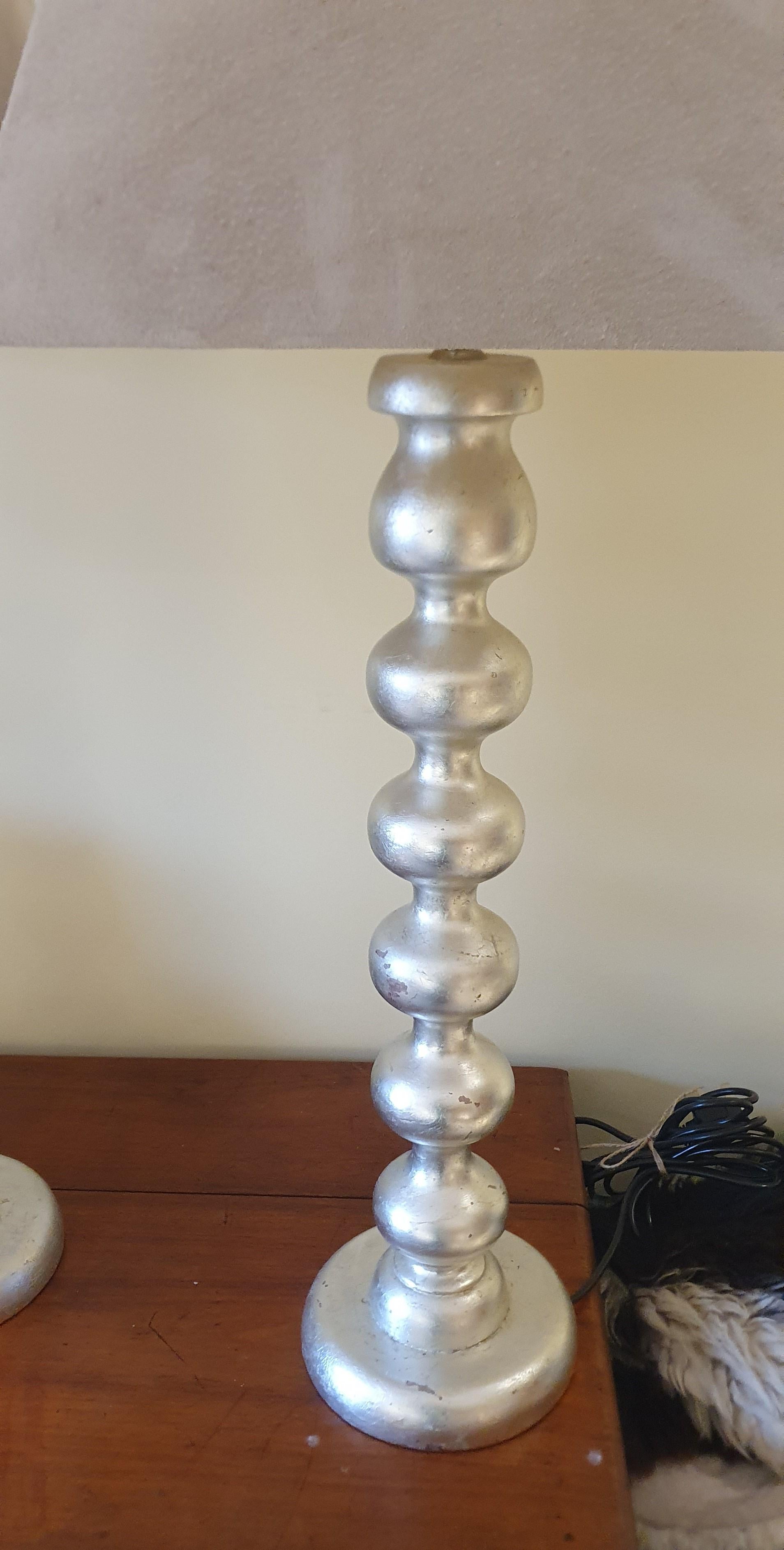 Pair of Hand carved wooden Bobble lamps Antiqued Silver Leaf with Suede shades For Sale 8