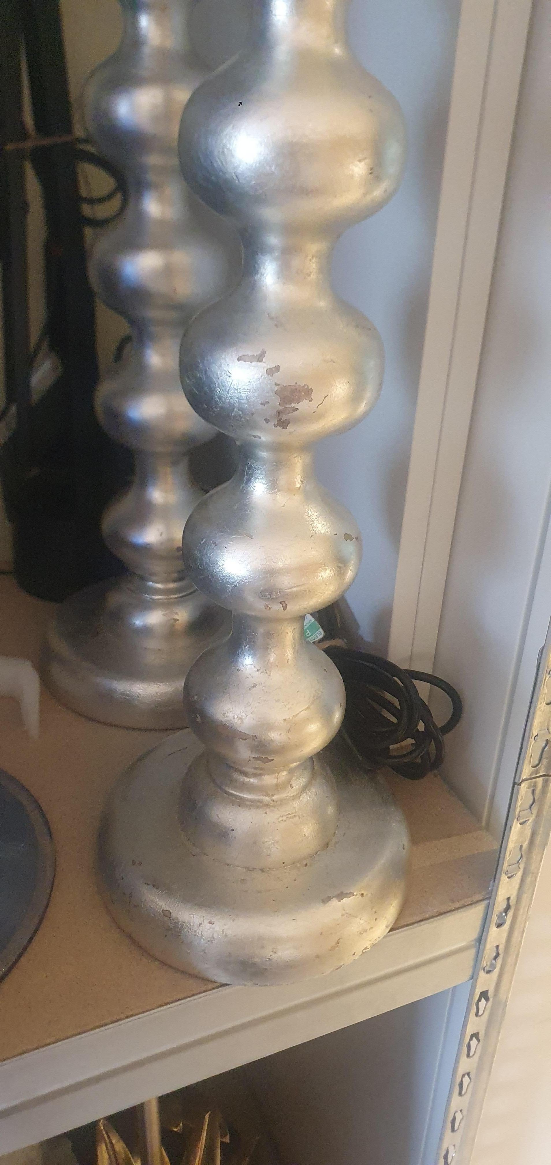 Pair of Hand carved wooden Bobble lamps Antiqued Silver Leaf with Suede shades For Sale 9