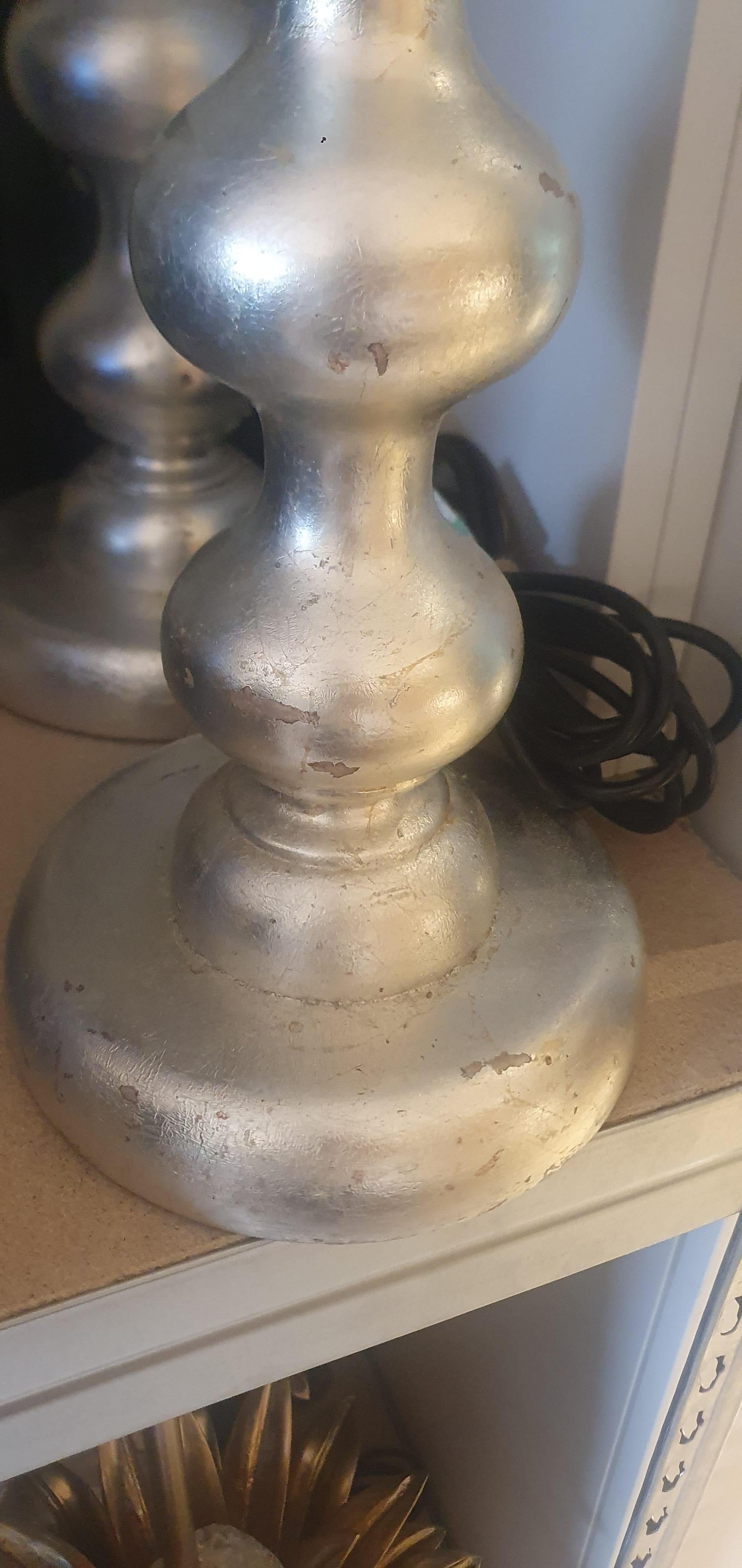 Pair of Hand carved wooden Bobble lamps Antiqued Silver Leaf with Suede shades For Sale 10