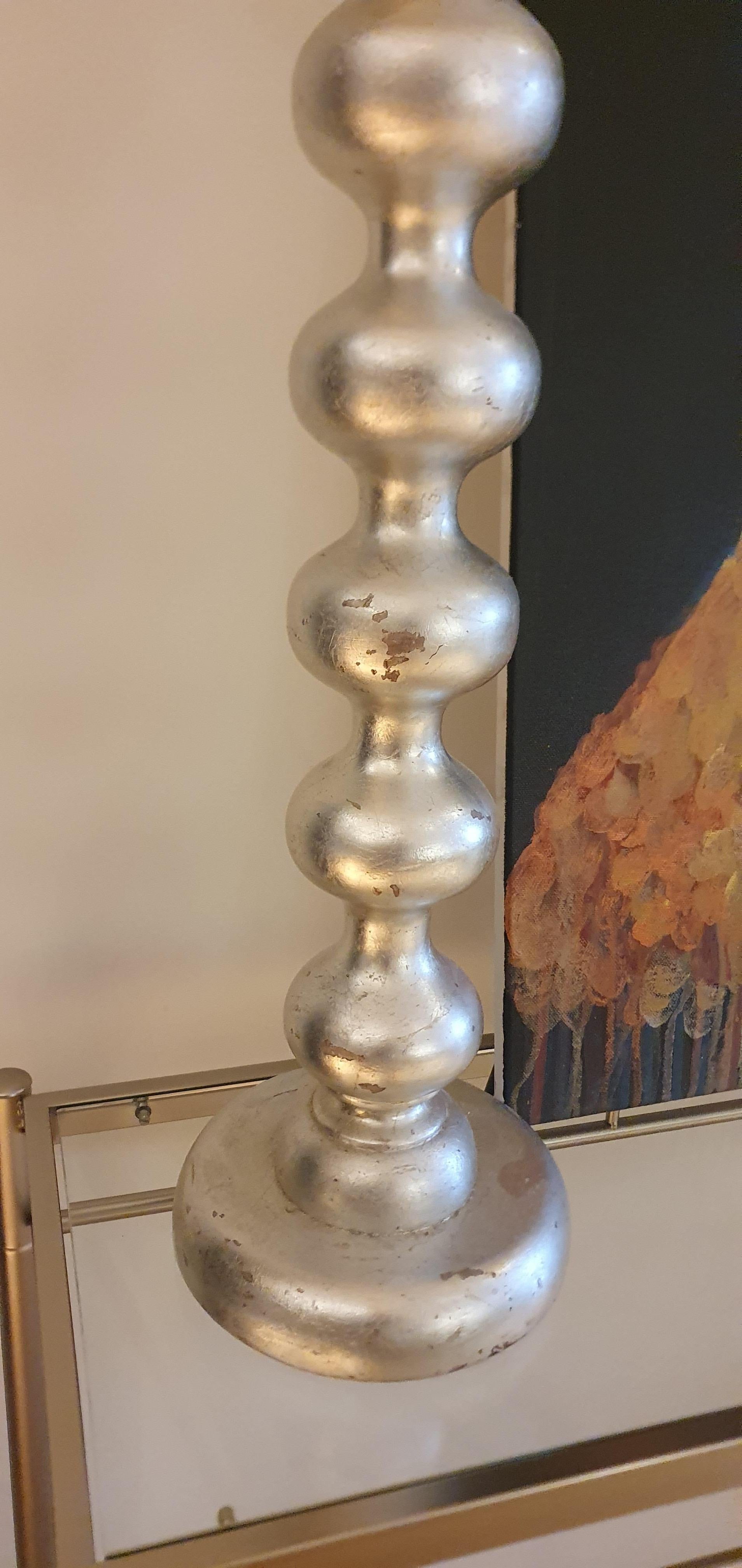 Pair of Hand carved wooden Bobble lamps Antiqued Silver Leaf with Suede shades For Sale 11