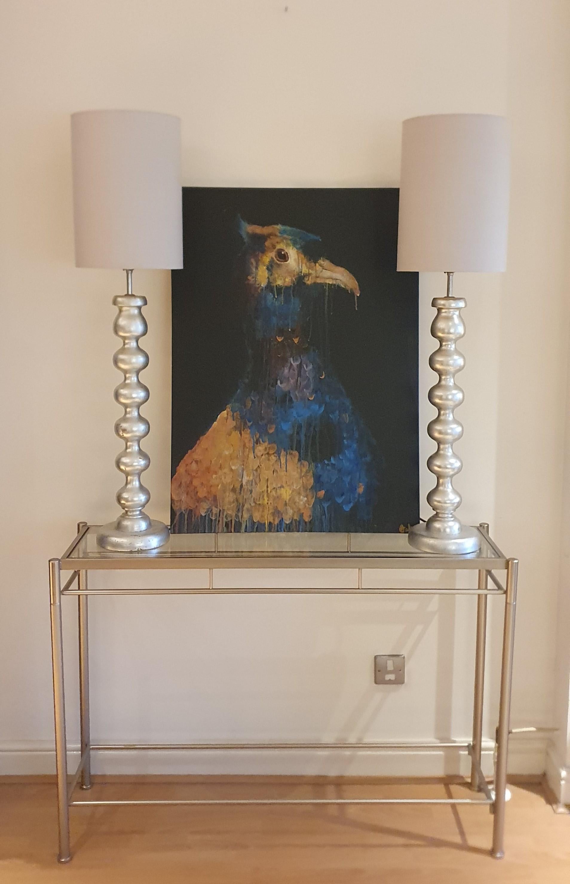 Presenting for sale a pair of Vintage carved wooden Bobble Table Lamps made by Julian Chichester in the late 1990s finished in Silver Leaf with Polished Nickel metal parts

These elegant tall table lamps are hand carved from solid hardwood, the