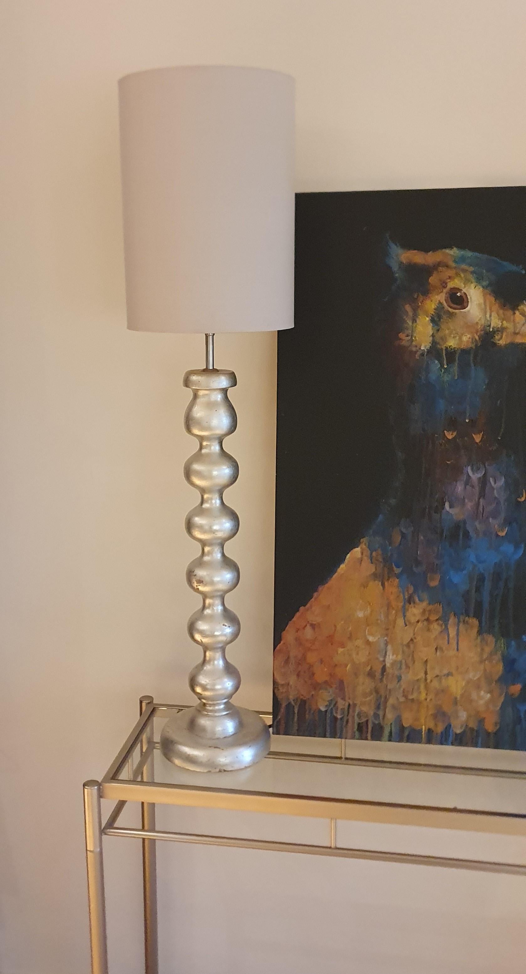 Contemporary Pair of Hand carved wooden Bobble lamps Antiqued Silver Leaf with Suede shades For Sale