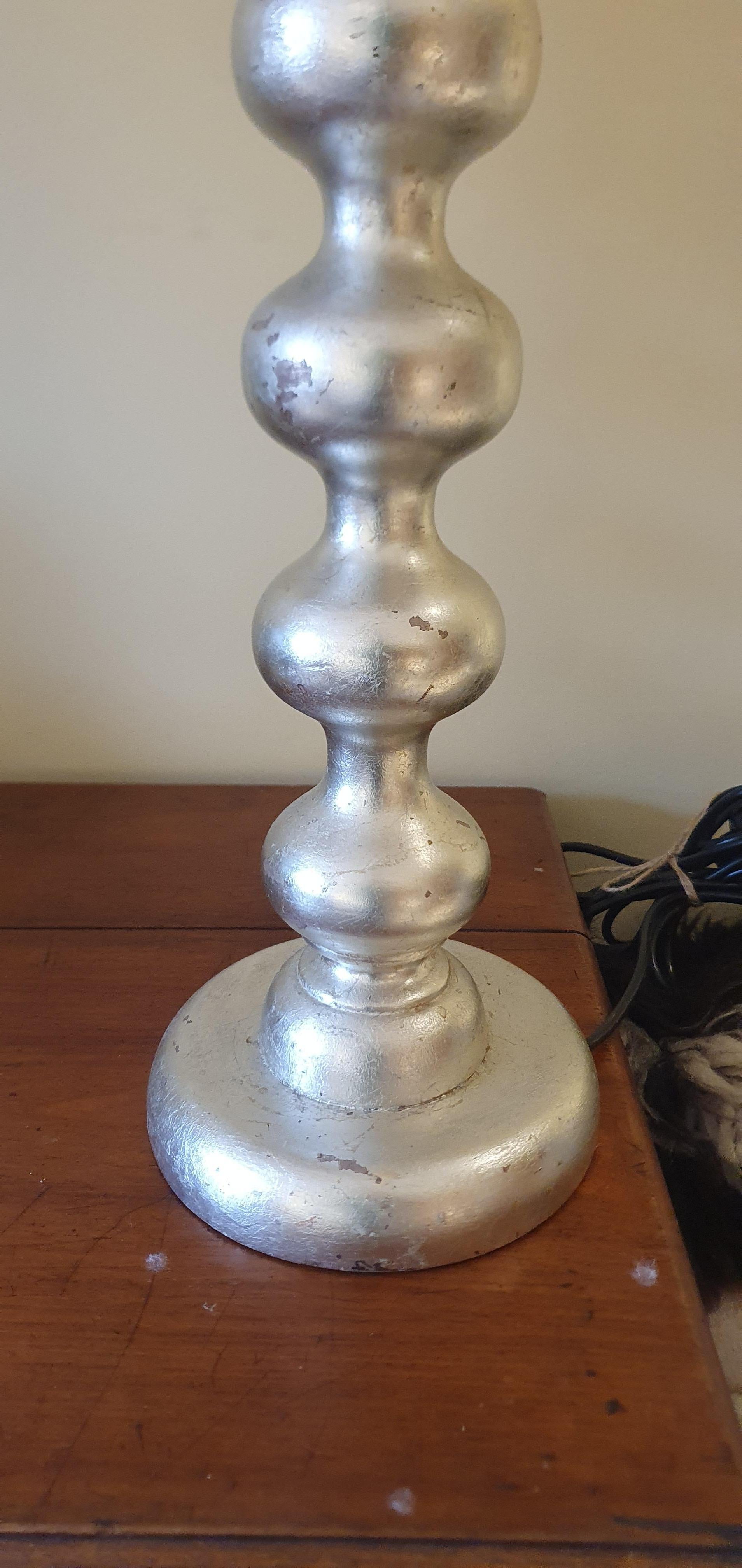 Pair of Hand carved wooden Bobble lamps Antiqued Silver Leaf with Suede shades For Sale 1