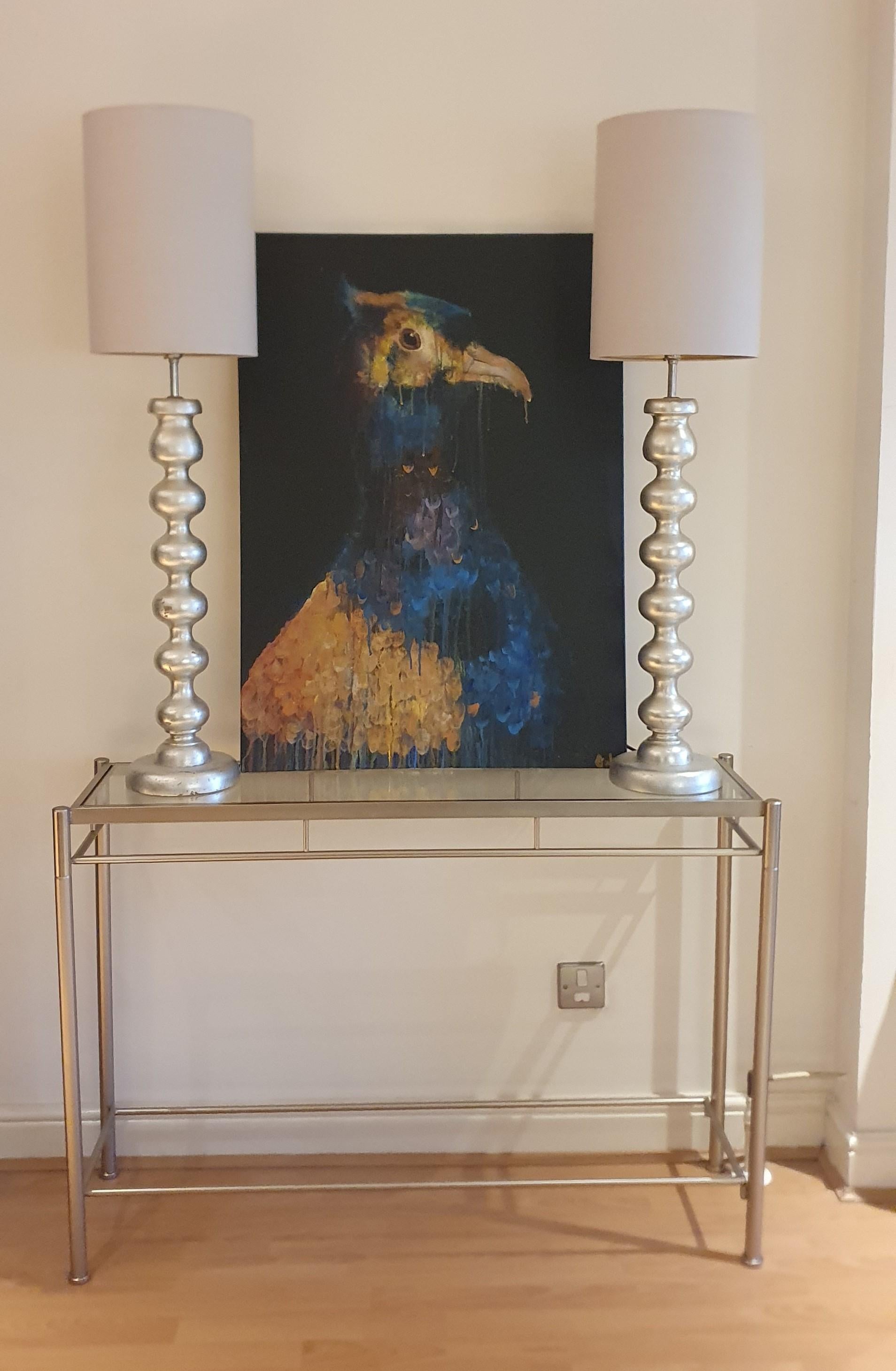 Pair of Hand carved wooden Bobble lamps Antiqued Silver Leaf with Suede shades For Sale 2