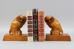 Art Deco Hand-Carved Linden Wood Owl Bookends, Germany, Circa 1930
