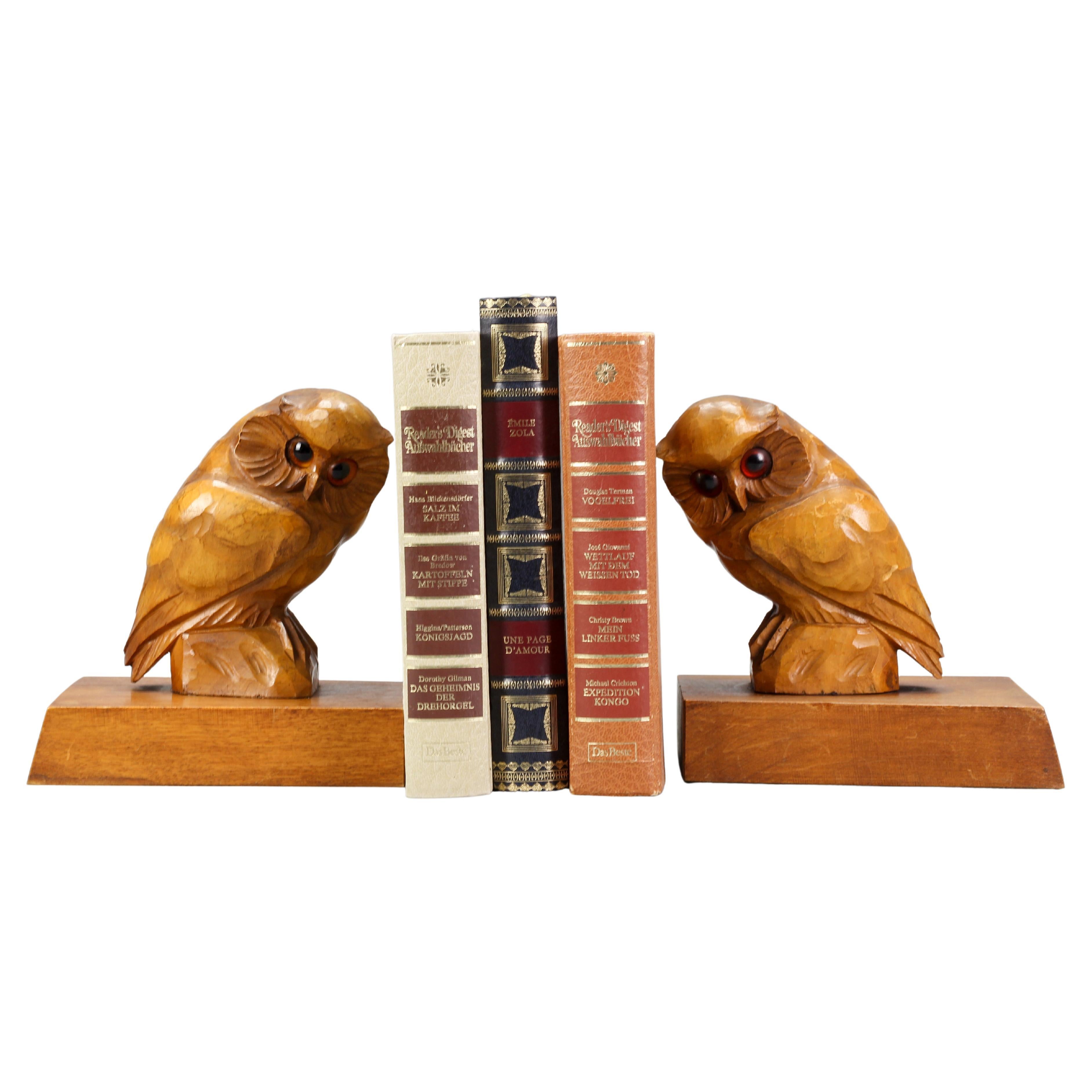 Pair of Hand Carved Wooden Bookends Owls, Germany