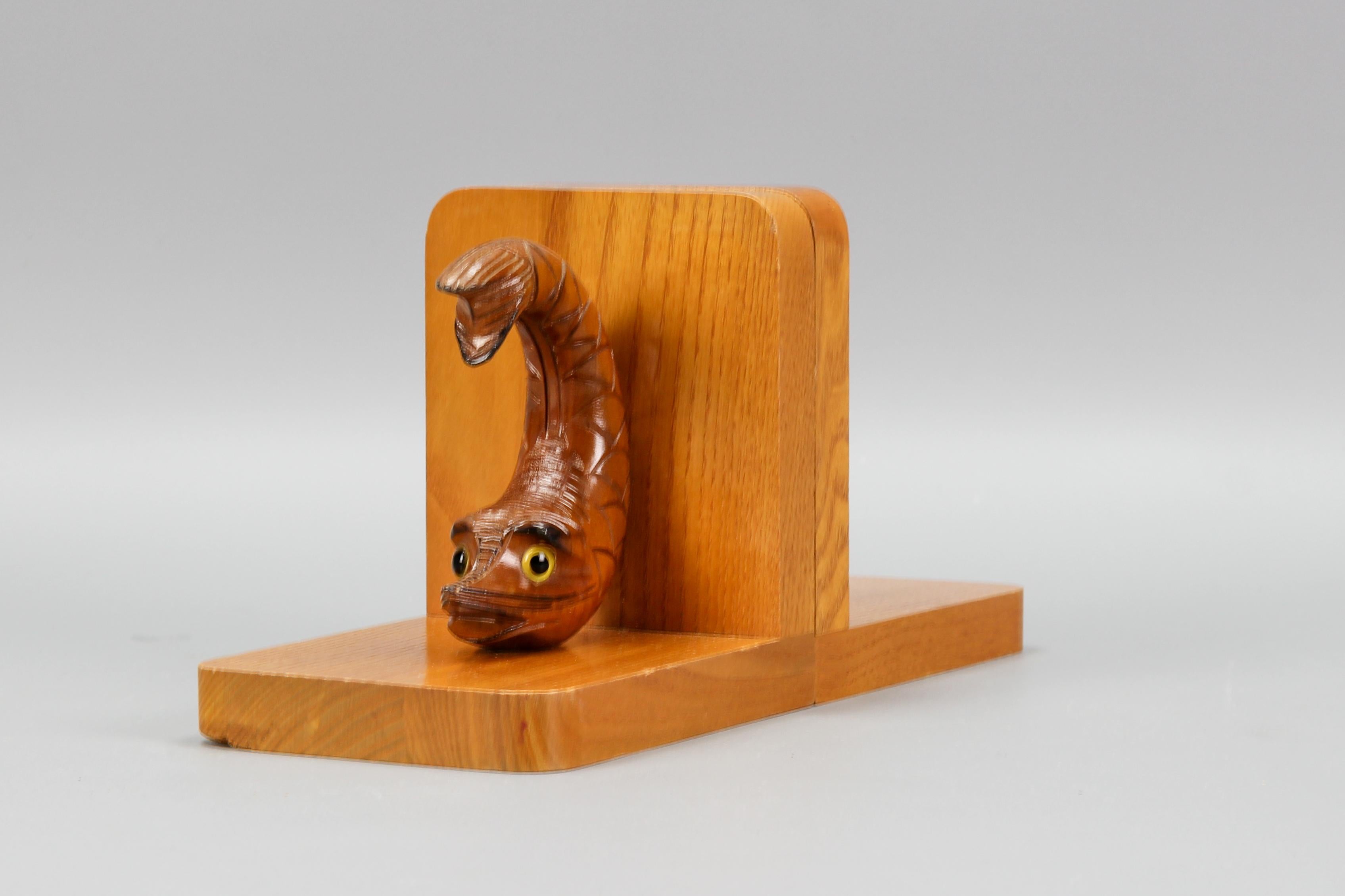 Late 20th Century Pair of Hand Carved Wooden Bookends Sturgeons, Germany, 1970s For Sale